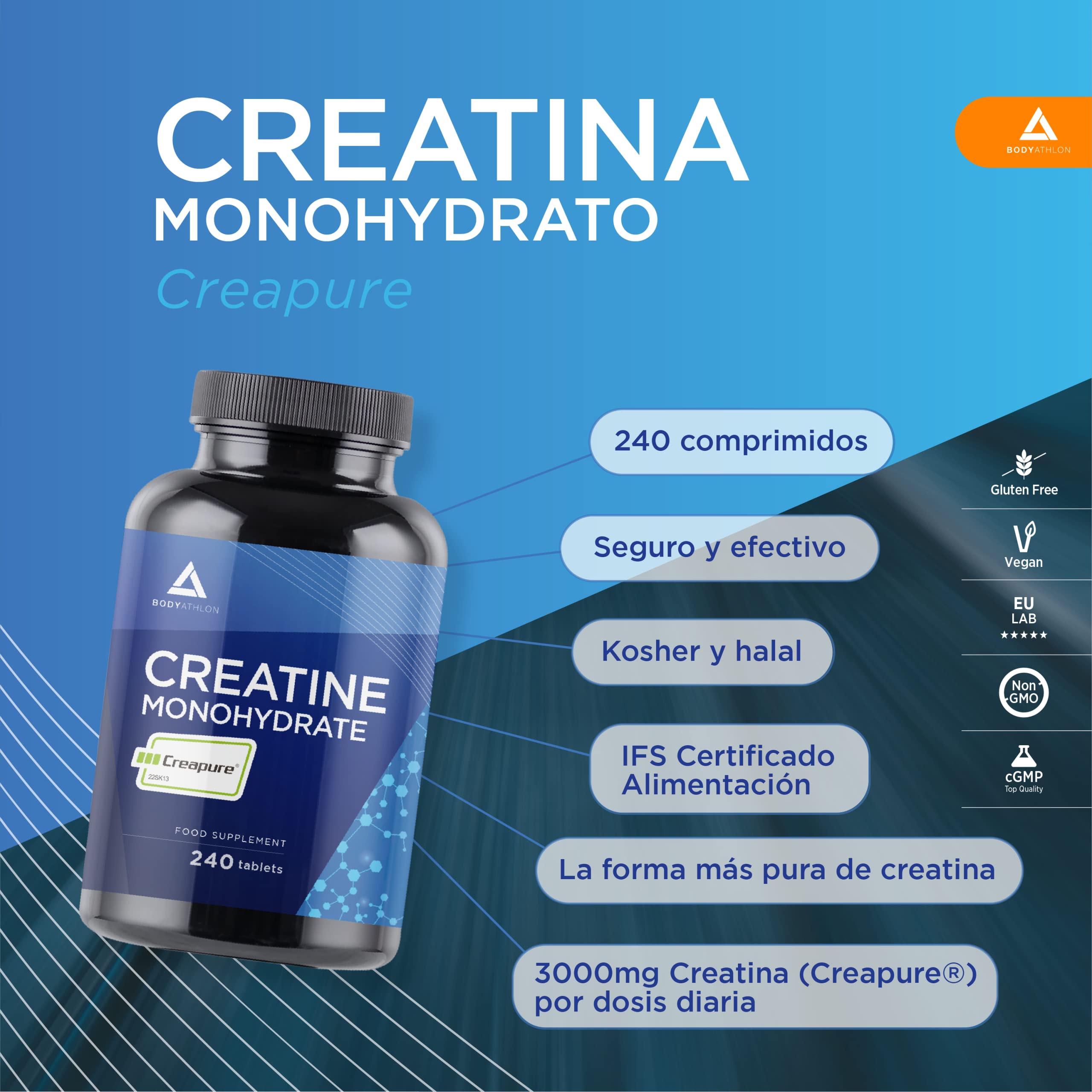 Creatina CREAPURE Monohidrata 240 comprimidos- Calidad garantizada, Vegano- Aumenta tu masa muscular fuerza y resistencia - Creatina Monohidratada Pura 3000mg- Comprimidos solubles- Bodyathlon