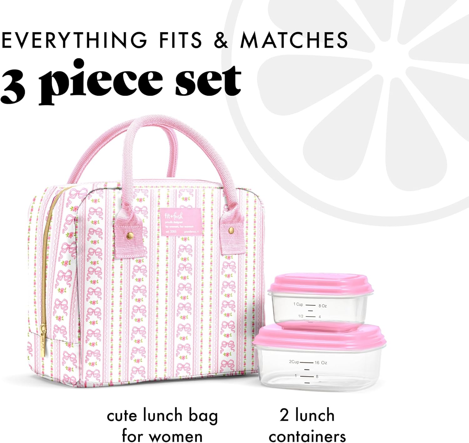 Fit & Fresh Bloomington Lunch Bag for Women - Insulated Large Lunch Box for Work with Containers, Leak-Resistant, Stain-Resistant, Zipper Closure, Pink Wallpaper Bows