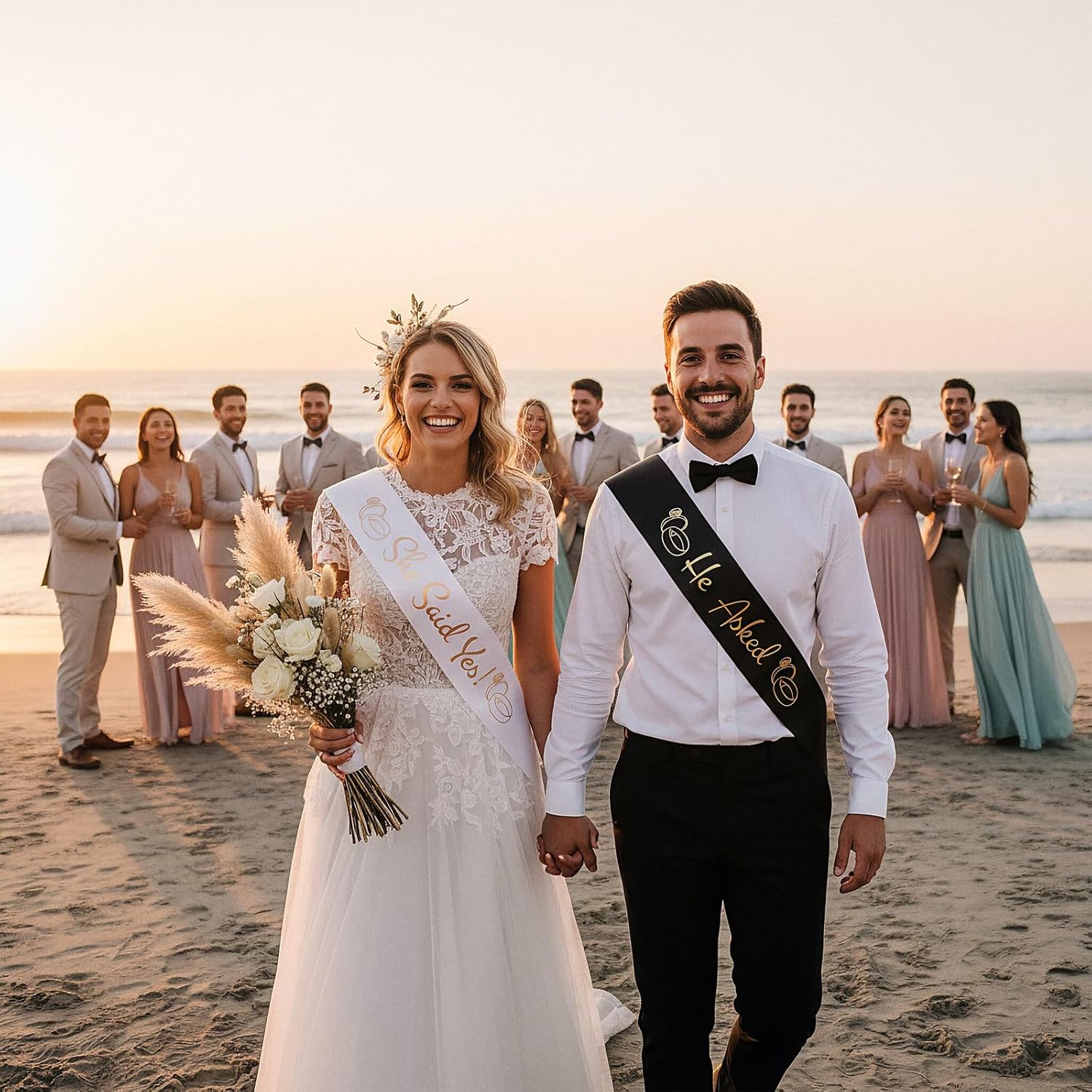 He Asked & She Said Yes Sashes, Funny Bride & Groom to Be Sash Kit for Wedding Engagement Bachelorette Bridal Shower Party Decor Favors Gifts - Image 3