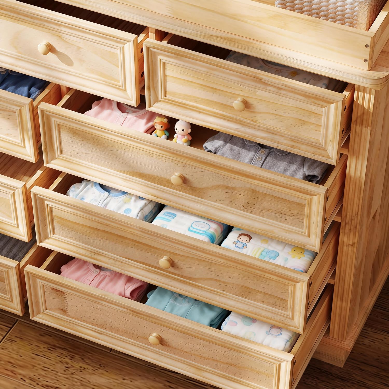 Cambiador grande de madera maciza, 9 cajones, borde extra alto, cómoda para pañales con gran espacio de almacenamiento, 140 × 48 × 102 cm, color natural