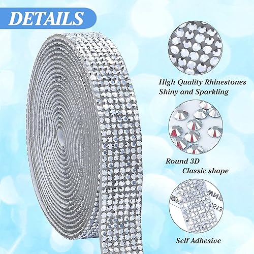 Miniatura 3 de Tiras de Cinta de Diamantes de Imitación de Plata Autoadhesivas, 7 Filas de 3.7 m de Cinta de Diamantes de Imitación con Adhesivos de Diamantes de