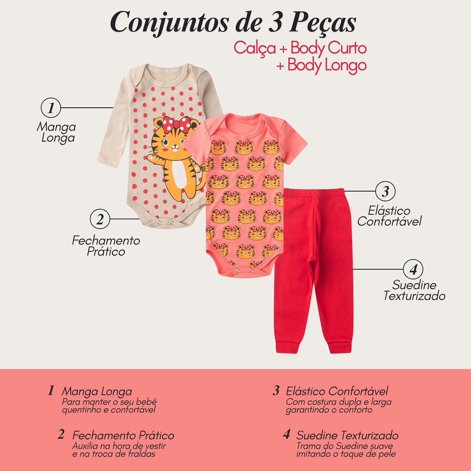 Kit 06 Peças Body Bebê Suedine 100% Algodão
