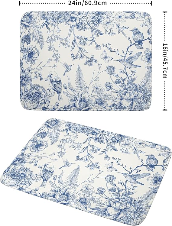 Chinoiserie Flowers Dish Drying Mat for Kitchen Counter, 18x24 Inch Vintage Blue Floral Birds Ultra Absorbent Reversible Dish Drainer Mats Plate Holder