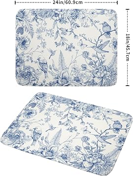 Chinoiserie Flowers Dish Drying Mat for Kitchen Counter, 18x24 Inch Vintage Blue Floral Birds Ultra Absorbent Reversible Dish Drainer Mats Plate Holder