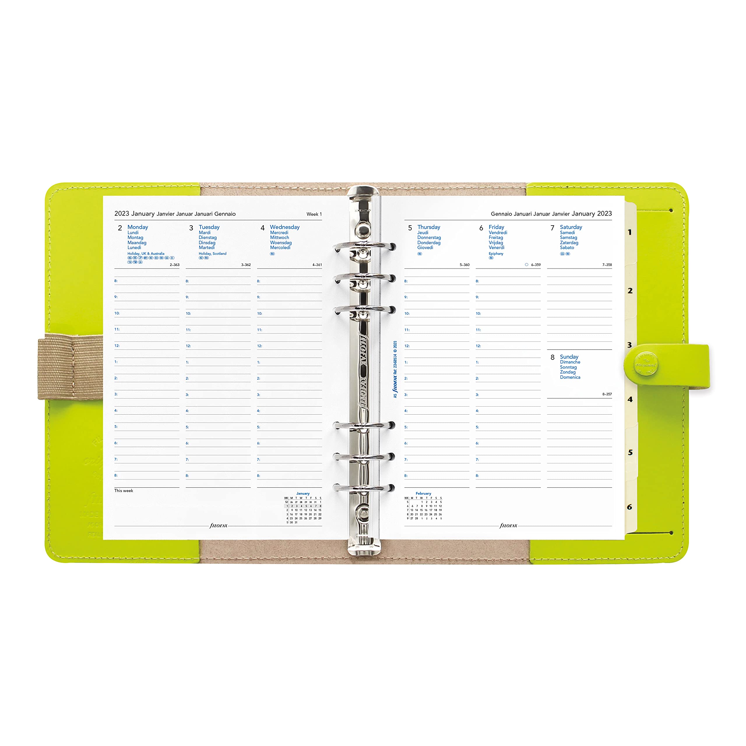 Filofax The Original Organizer, A5 Size, Black - Leather, Six Rings, Week -to-View Calendar Diary, Multilingual, 2025 (C022509-25