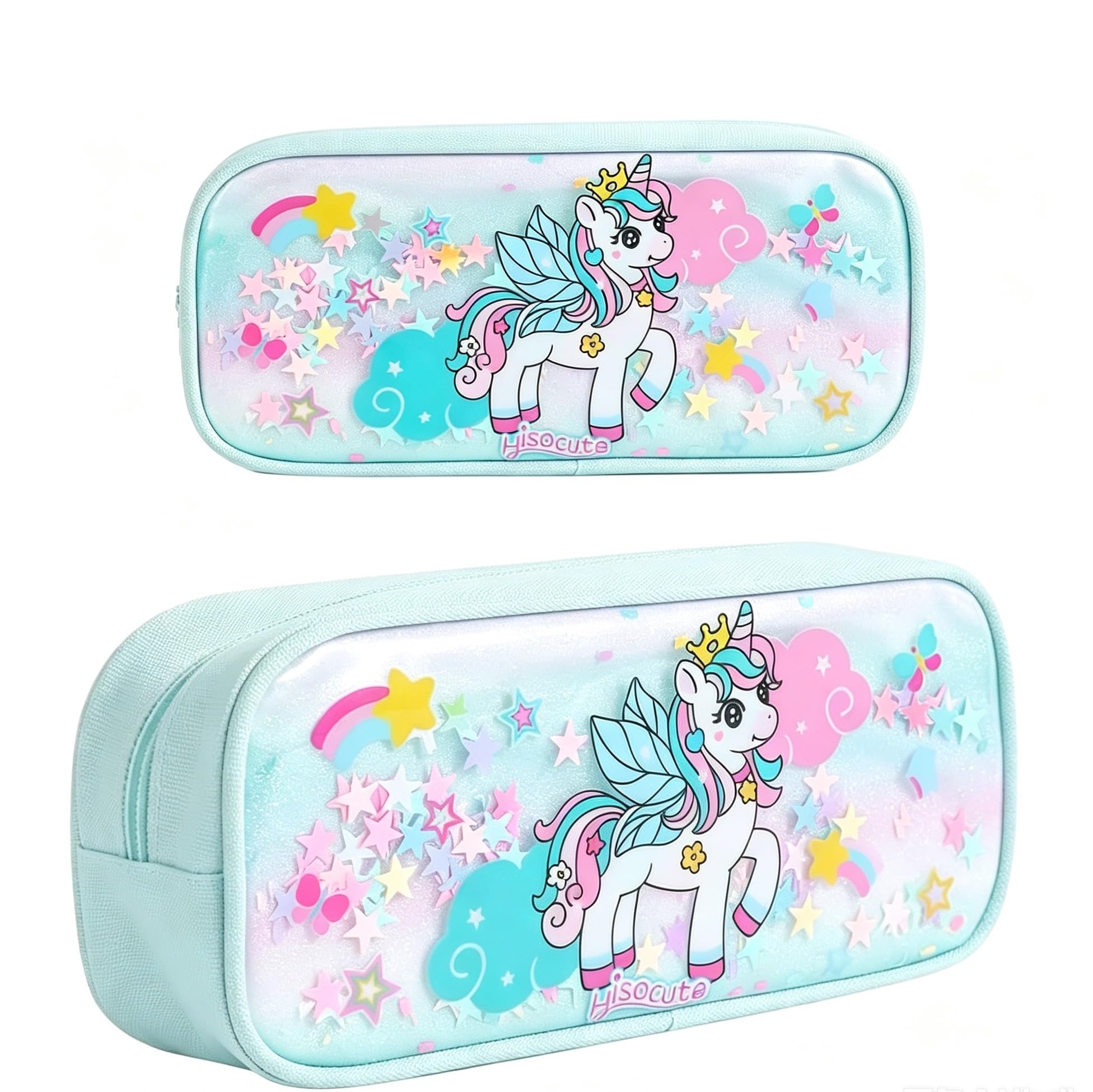 QWEPU Unicorn Pencil case，3D Cute Pencil Case, Unicorn Pouch Cute Makeup Bag Cosmetic Pouch Bag Large Stationery Pouch for School Home -22 * 10.1 * 5.5CM (Green)