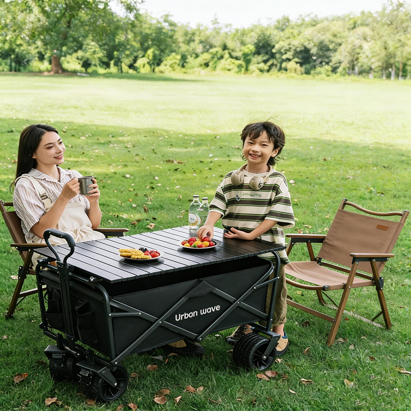 Faltbar Alle Gelände Bollerwagen | Robuster Zusammenklappbarer Wagen | Faltbarer Gartenwagen | Strandwagen | Geländegängiger Festival-Trolley (Mit Tisch Und Stühlen Schwarz)