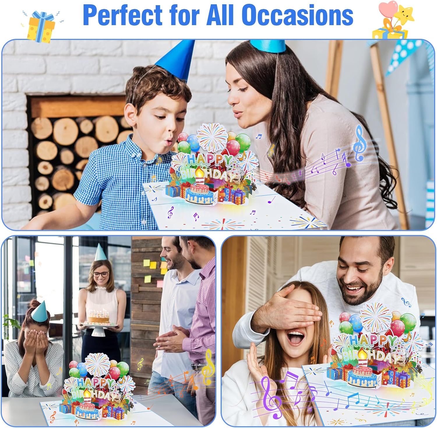 D4DREAM Jumbo Musical Birthday Card - Lights 3D Pop Up Birthday Cards for Women with Blowable Candle Birthday Cake, Gold Foil Firework Design Balloon for Men Women Kids, Envelope Message Card Include - Image 8