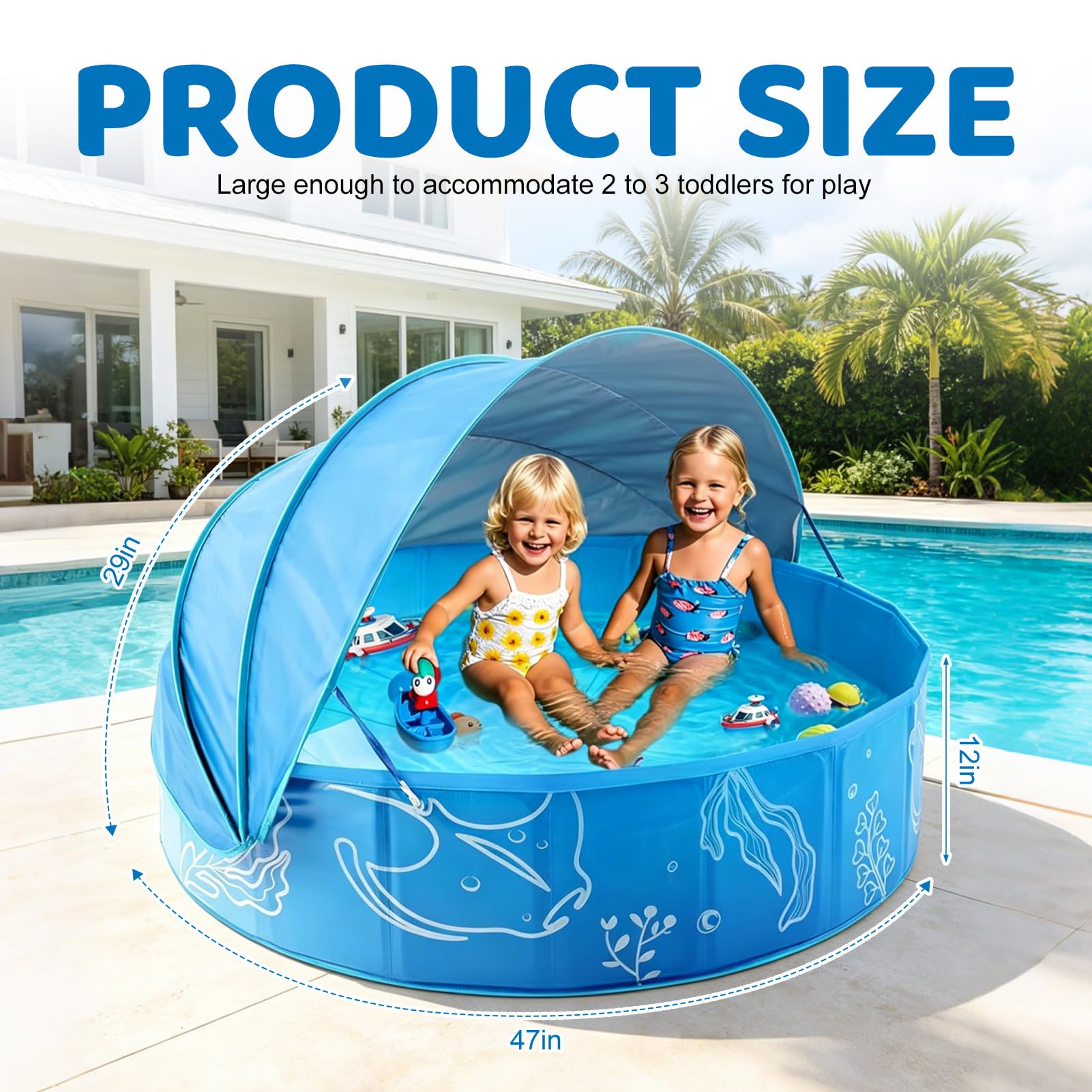 Pataugeoire pour enfants - 100 x 30 cm - Pliable - Portable - Avec toit - Piscine antidérapante - Avec protection solaire - Pour l'intérieur et l'extérieur
