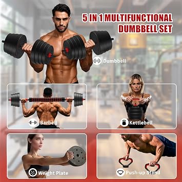 90 LB/75 LB/45 LB/25 LB Adjustable Dumbbells 4-in-1 Dumbbells Set Free Weight Set with Connector Convert to Barbell, Kettlebell & Push-Up Stands | Interchangeable Weight Plates, Non-Slip Grips for Home Gym