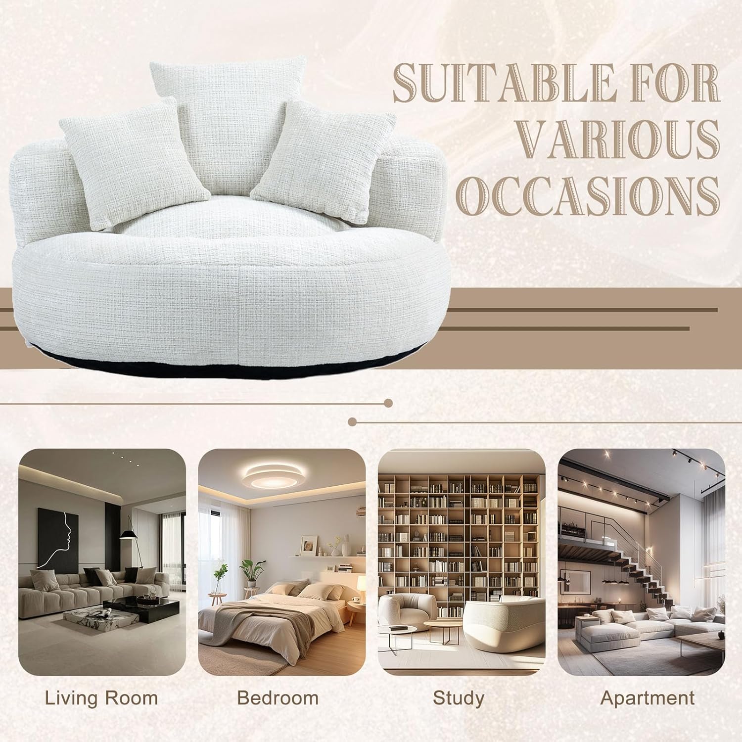 Giant Bean Bag Chairs for Adults, Oversized Beanbag Round Couch, Lazy Floor Sofa with 3 Pillows, Chenille Boneless Chair, Memory Foam Bean Bag Chairs for Living Room Bedroom, No Assembly (Beige)