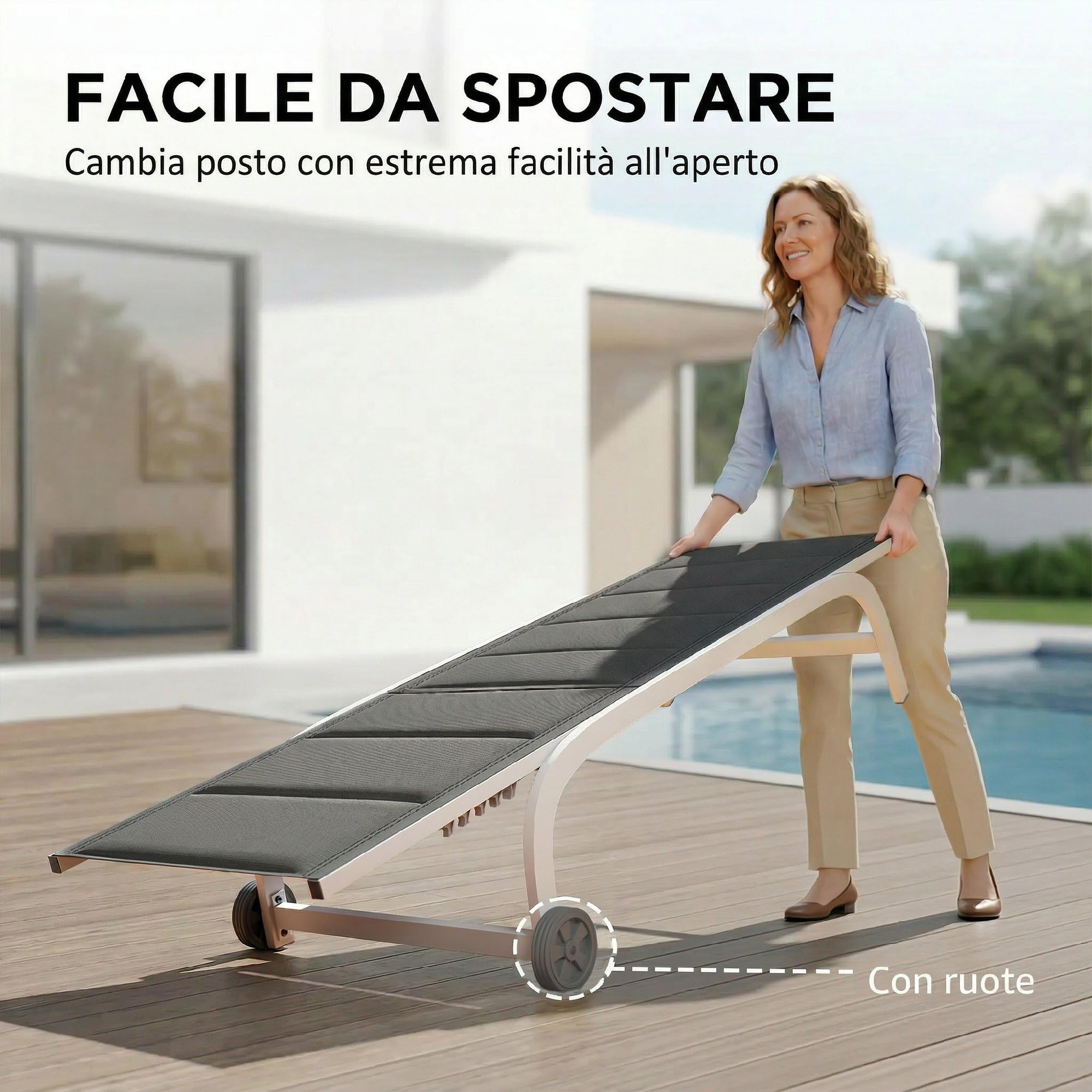 Outsunny Lettino Prendisole da Giardino con Ruote Grigio Scuro e Bianco | Schienale Regolabile 6 Livelli, Sdraio da Giardino in Texteline, Telaio in Alluminio, per Piscina Terrazzo
