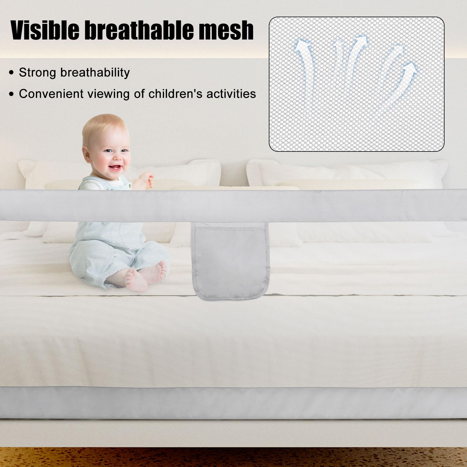 OHMG Barriere De Lit Enfant,Barrière de lit pour Les Tout-Petits,Barrière de Lit Portable Bébé,Barrière de Sécurité de Lit Enfant,Réglable en Hauteur,Barrière de lit avec Filet aéré (1.8M-Gris Clair)