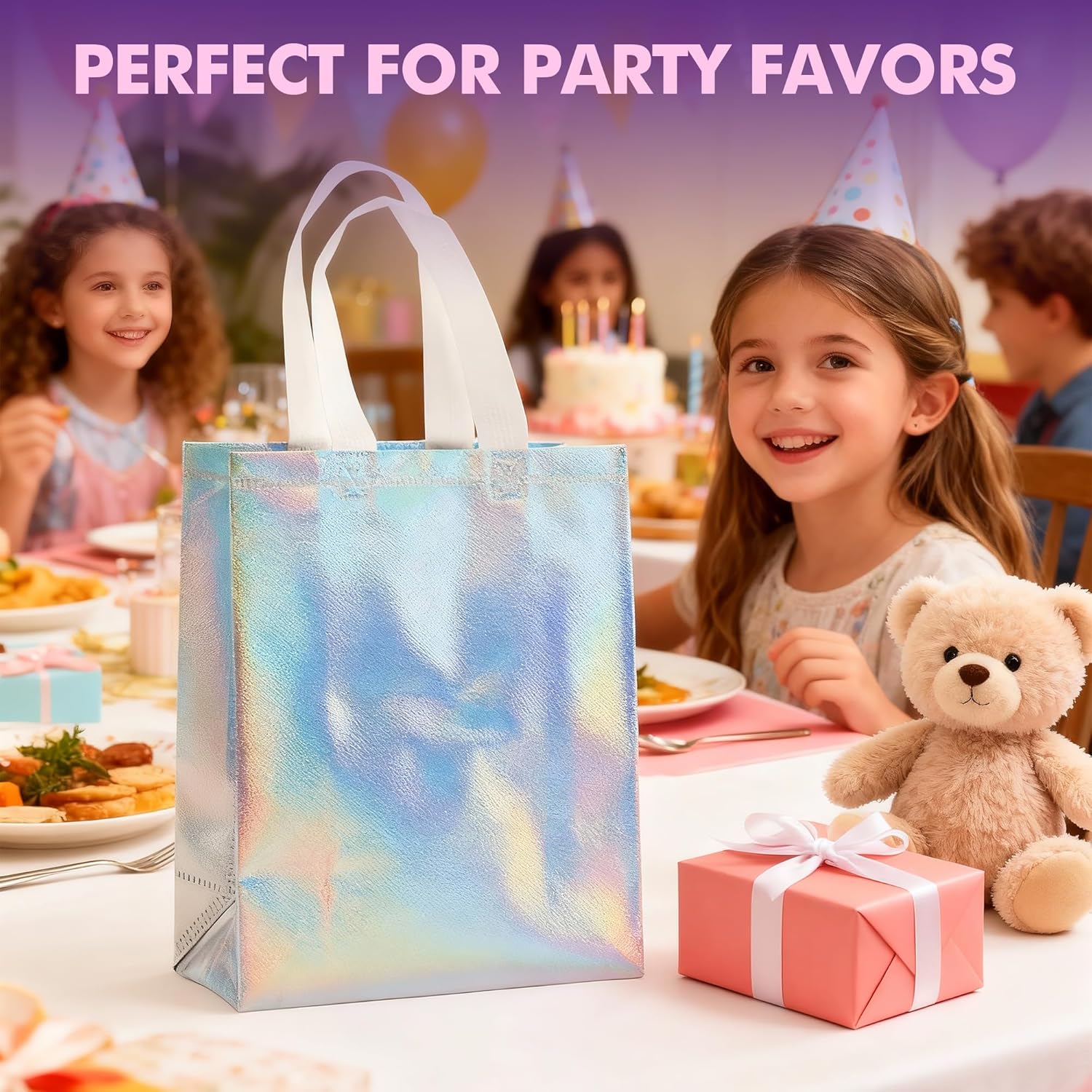 PACKINNO 50 Pcs Holographic Gift Bags 8x4x10 Inch, Iridescent Reusable Tote Bags with Handles & Sturdy Base, for Birthday Christmas Party Favors Goodie Bags