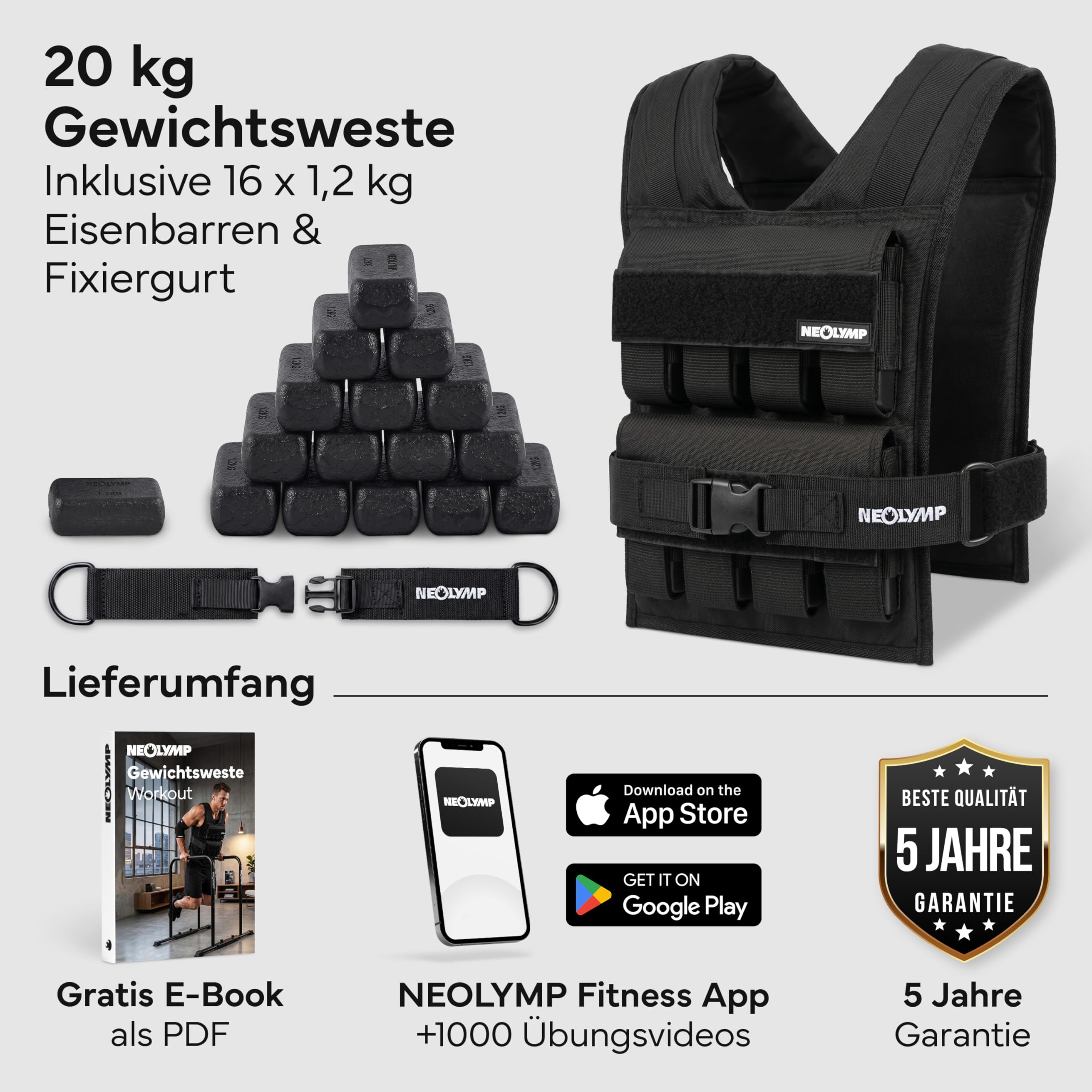 NEOLYMP Gewichtsweste 20kg – 16 Metallblöcke à 1,2kg – Stufenlos verstellbar bis 20 kg– Kein Verrutschen – Calisthenics Equipment & Krafttraining - Weight Vest – Plattenträger Weste Herren Damen