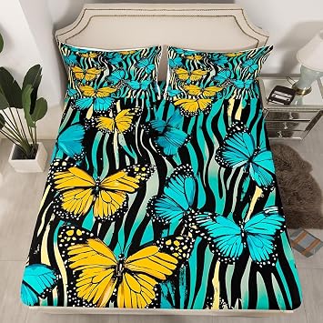 Erosebridal Blue Butterfly Fitted Sheet Twin Size, Aesthetic Flying Butterflies Bed Sheets for Kids Child, Watercolor Zebra Printed Bedding Sets Rustic Animal Bedroom Decor Black Orange