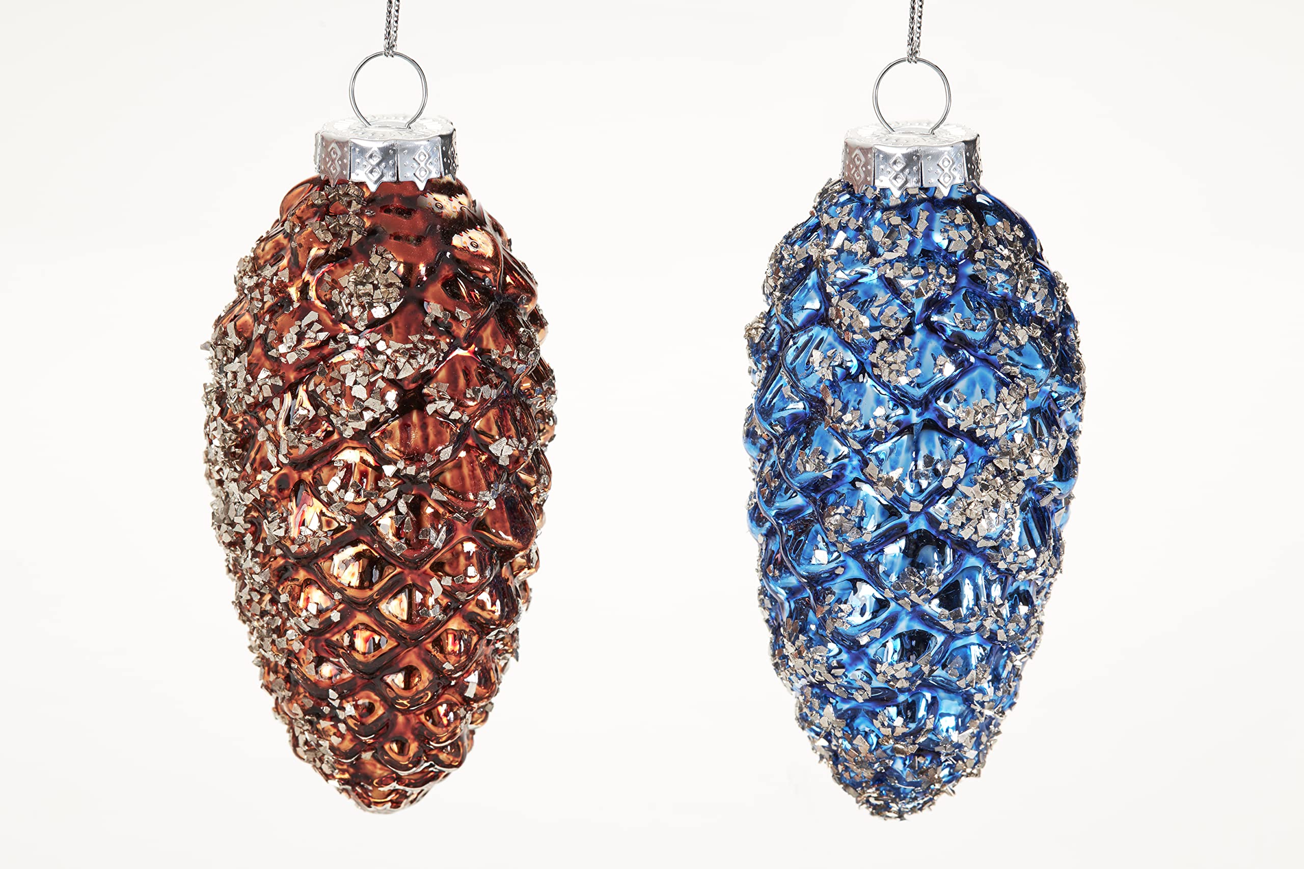 Giftcraft Pine Cone Ornaments for Christmas Tree, 2 Sparkling Pine Cone Ornaments, Christmas Decor, Christmas Tree Ornament, 3.5” Blue and Copper Pine Cones