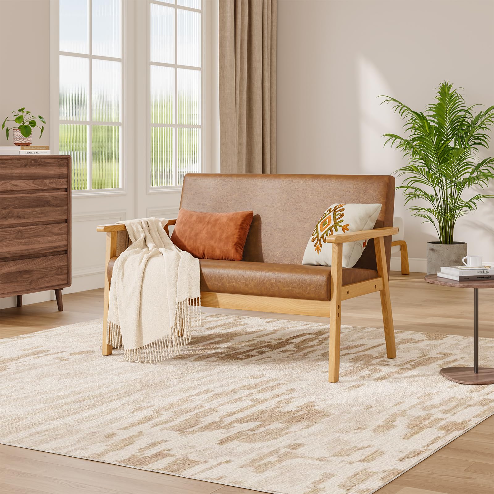 Dripex 2 Seater Wooden Sofa, Compact PU Leather Loveseat Couch with Padded Seat, Scandinavian Small Sofa for Living Room Bedroom Office, Easy Clean Faux Leather Upholstered Lounge Chair (Brown)