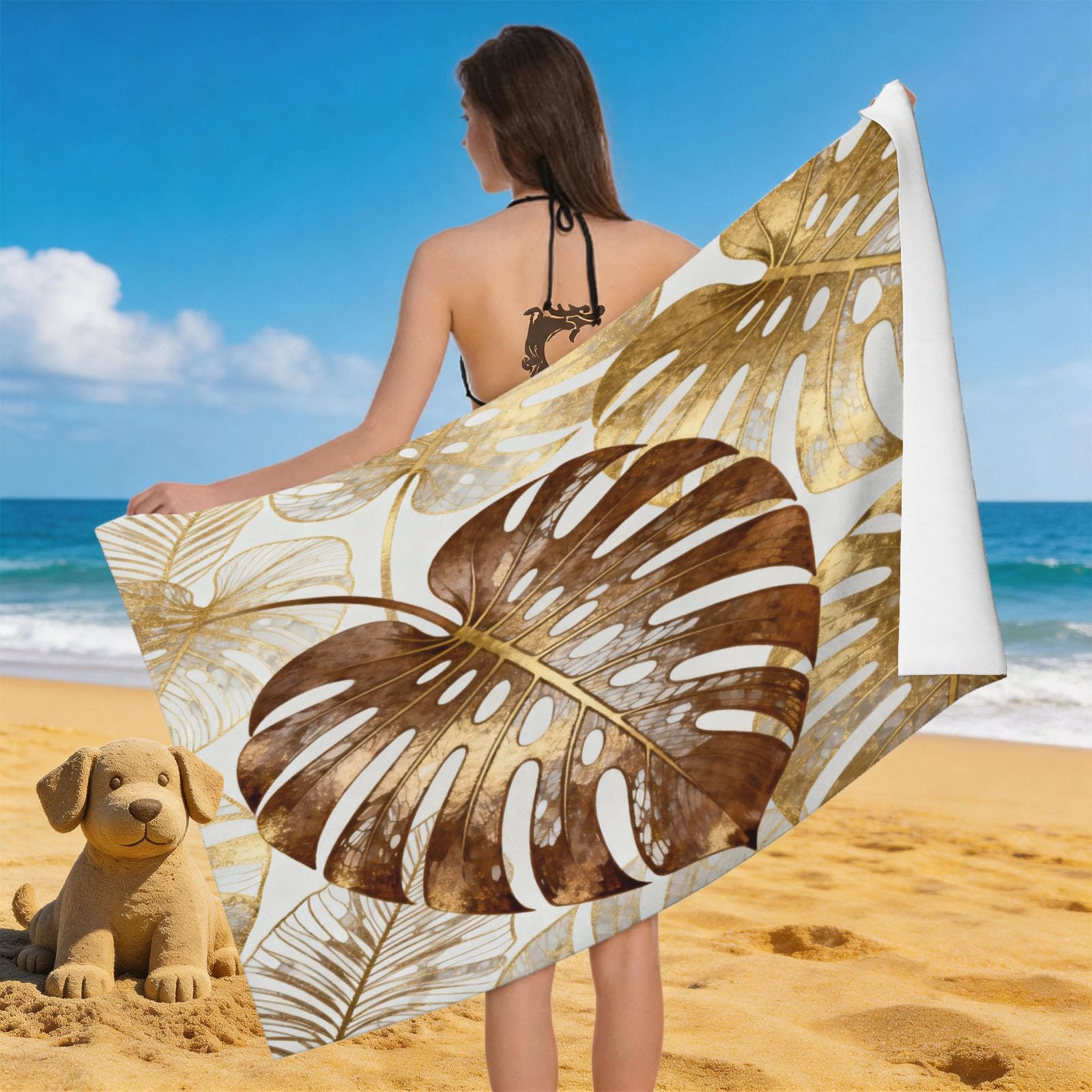 Leichong Men's Gold 3D En Monstera Beach Towel Microfiber Soft Quick Dry For Adults, Palm Leaf Bath Towel Lightweight Soft Absorbent For Travel Swimming Pool Sports, 75 X 150 Cm