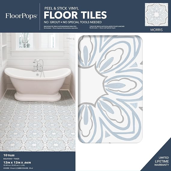 FloorPops Blue Morris Peel and Stick Floor Tiles, Blue Medallion Removable Vinyl Flooring, Self Adhesive Floor Tiles for Kitchen Bathroom Entryway