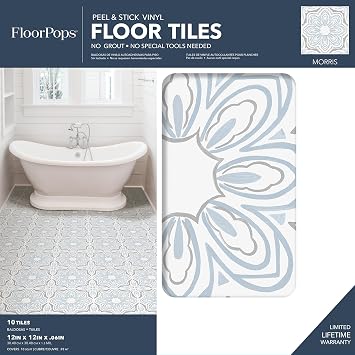 FloorPops Blue Morris Peel and Stick Floor Tiles, Blue Medallion Removable Vinyl Flooring, Self Adhesive Floor Tiles for Kitchen Bathroom Entryway