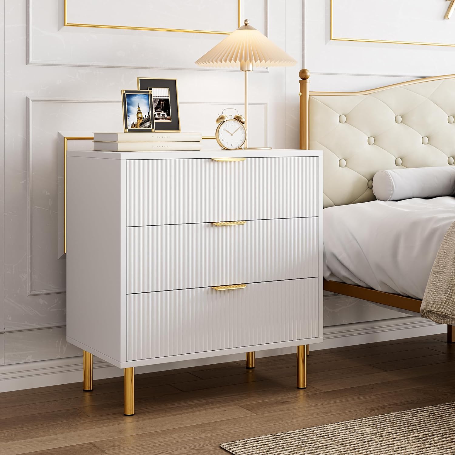 white dresser, modern 3 drawer dresser for bedroom with gold handle and large drawer, wood double chest of drawers and storage organizer for living room, hallway, entryway white 16.9"d x 28"w x 30"h (3 drawers)