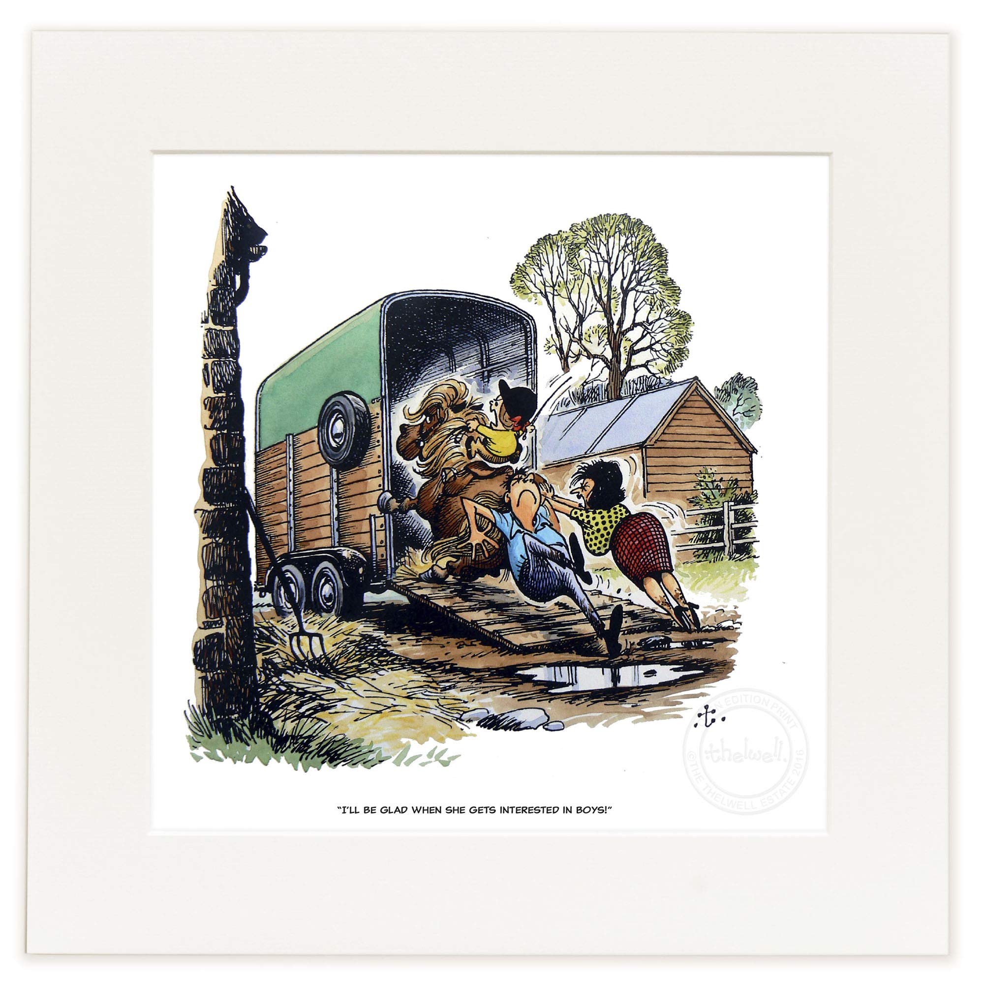 Thelwell Boys Horse And Pony Cartoon Print. I'll Be Glad When She Gets Interested In