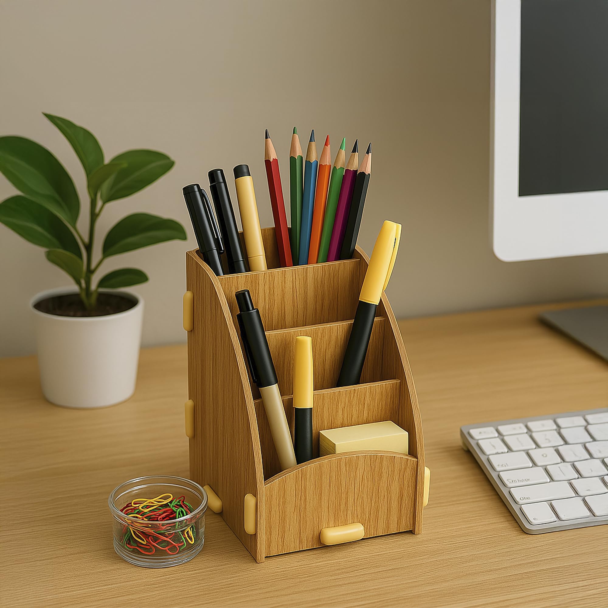 The Better Home 4 Compartment Pen Stand for Office | MDF Wood Rack | Aesthetic Stationery Stand for Office Table Accessories | 11.8x18.7x14.2cm | Burlywood | 1 Pack