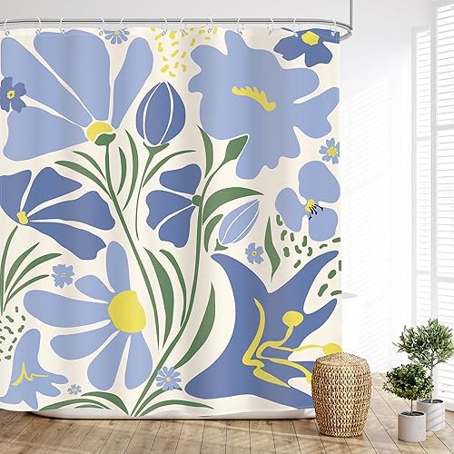 Miniatura 2 de Glawry Cortina de ducha bohemia azul y verde, abstracta, linda, azul marino, Matisse, floral, flores, hojas, retro, Groovy, baño, moderno, 60