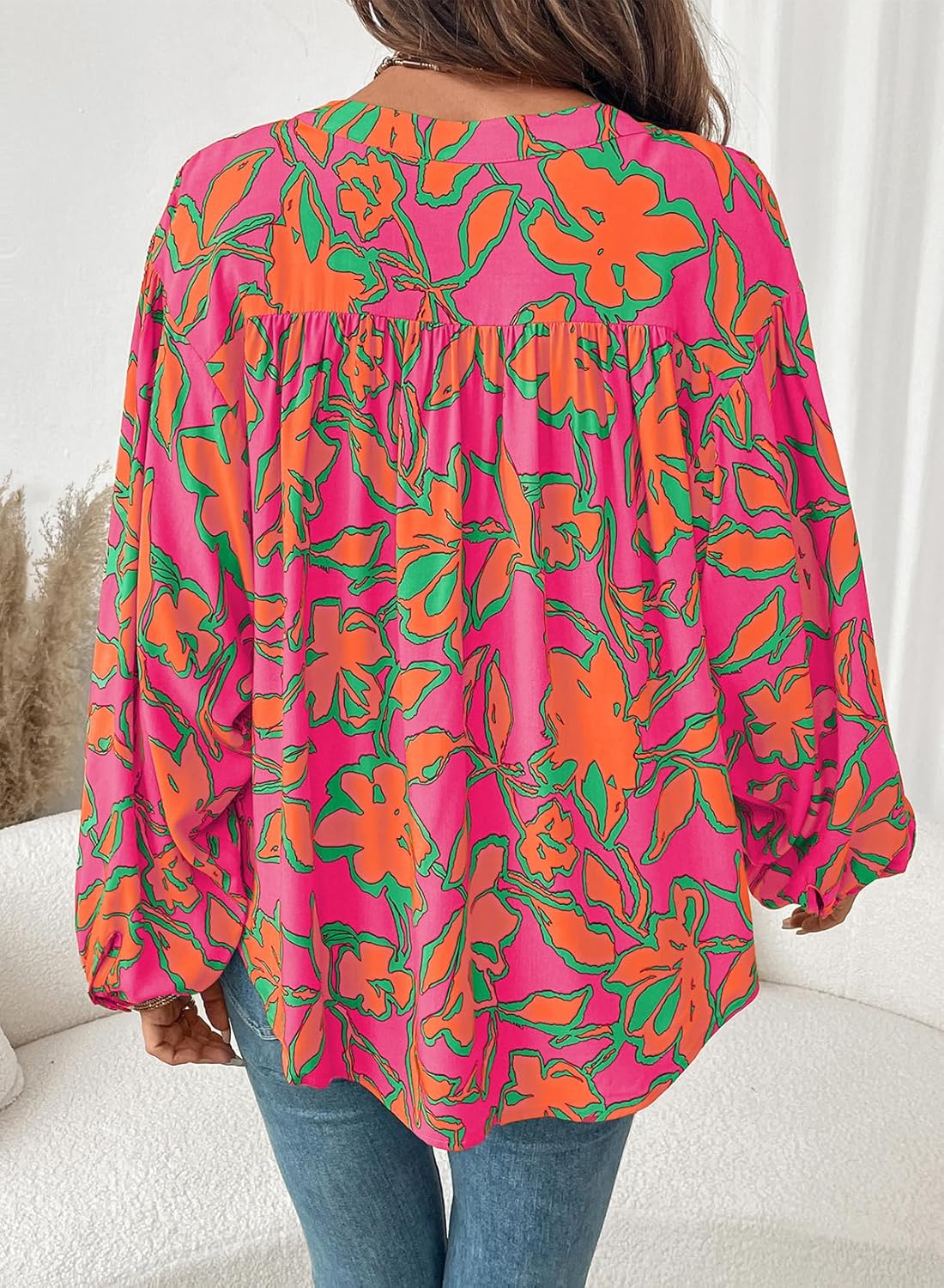 Astylish Womens 2026 Boho Floral Loose Spring Summer Tops Lantern Sleeve Flowy Blouses V Neck Button Down Shirts - Image 6