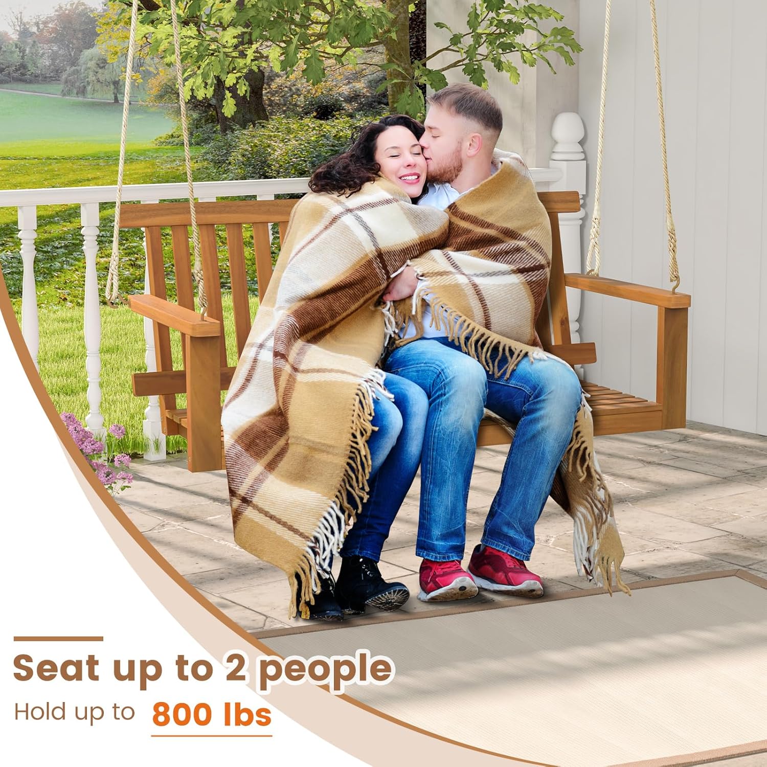 HAPPYGRILL 2-Person Acacia Wood Outdoor Porch Swing, Patio Swing Chair Patio Hanging Bench Chair with 800lb Weight Capacity and 8.2 ft Hanging Ropes