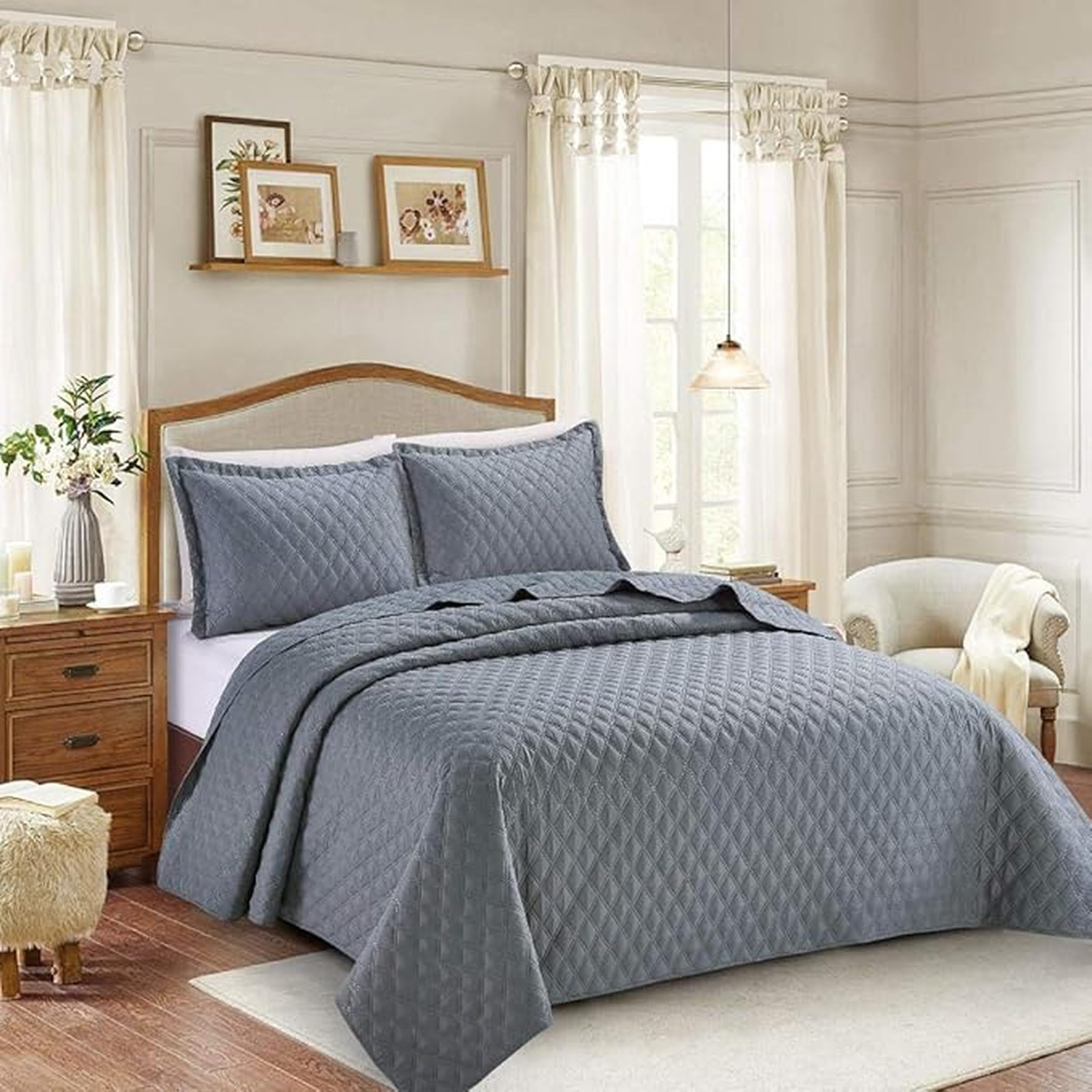 3 Piece Embossed Quilted Bedspread Bed Throw Comforter Set Single Double King Superking