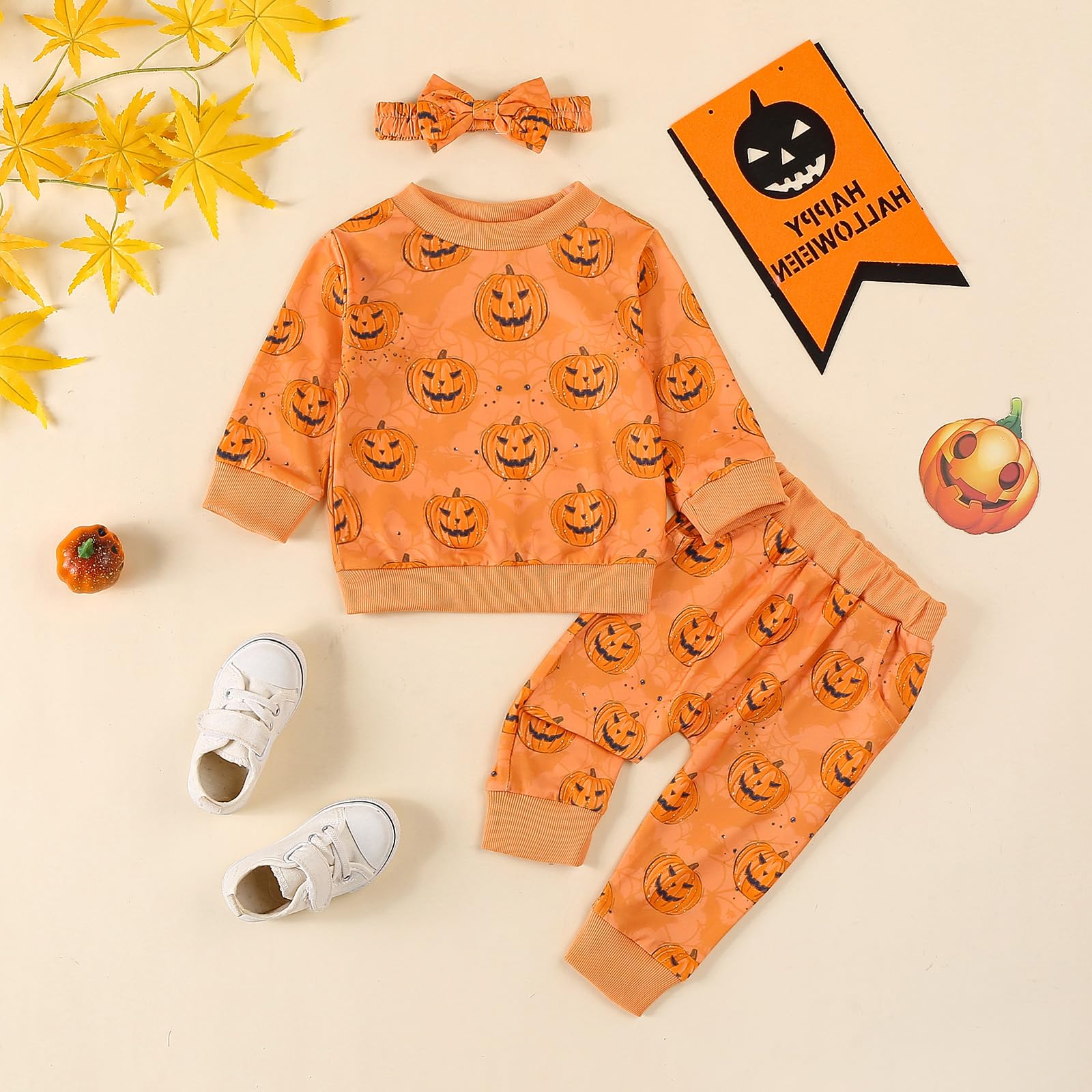 Ursobutegl Toddler Baby Girl Halloween Outfit Pumpkin Sweatshirt Pullover Tops Long Pants Sweatsuits Fall Winter Clothes (Orange, 3-6 Months)