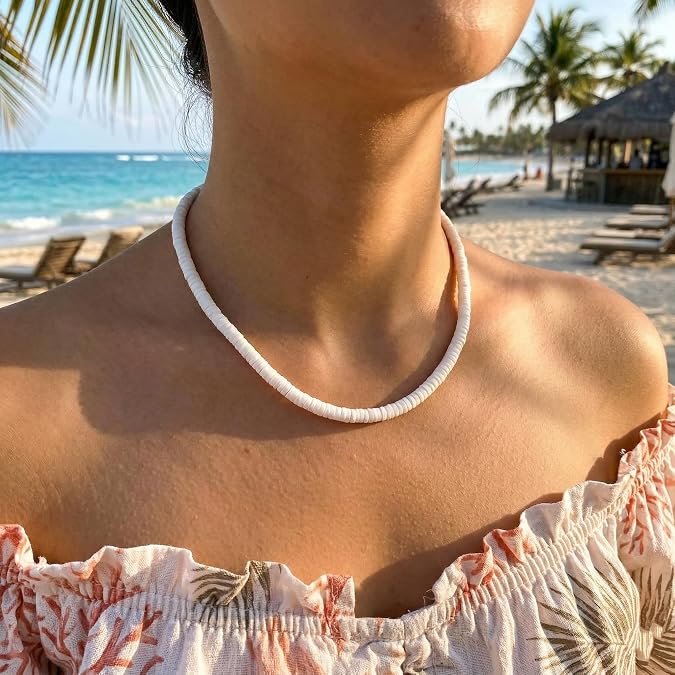 White Puka Shell Bead Surfer Beach Choker Necklace | Vibrant tropical ocean vibes. Ideal for summer vacations, beach outfits, and casual style.