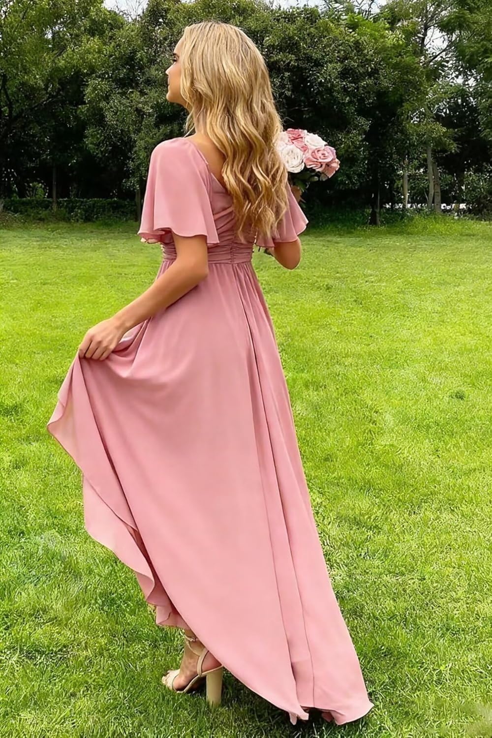 Pleated Bridesmaid Dresses 2026 Long Short Sleeves V Neck Formal Prom Dress Slit A Line Evening Gowns