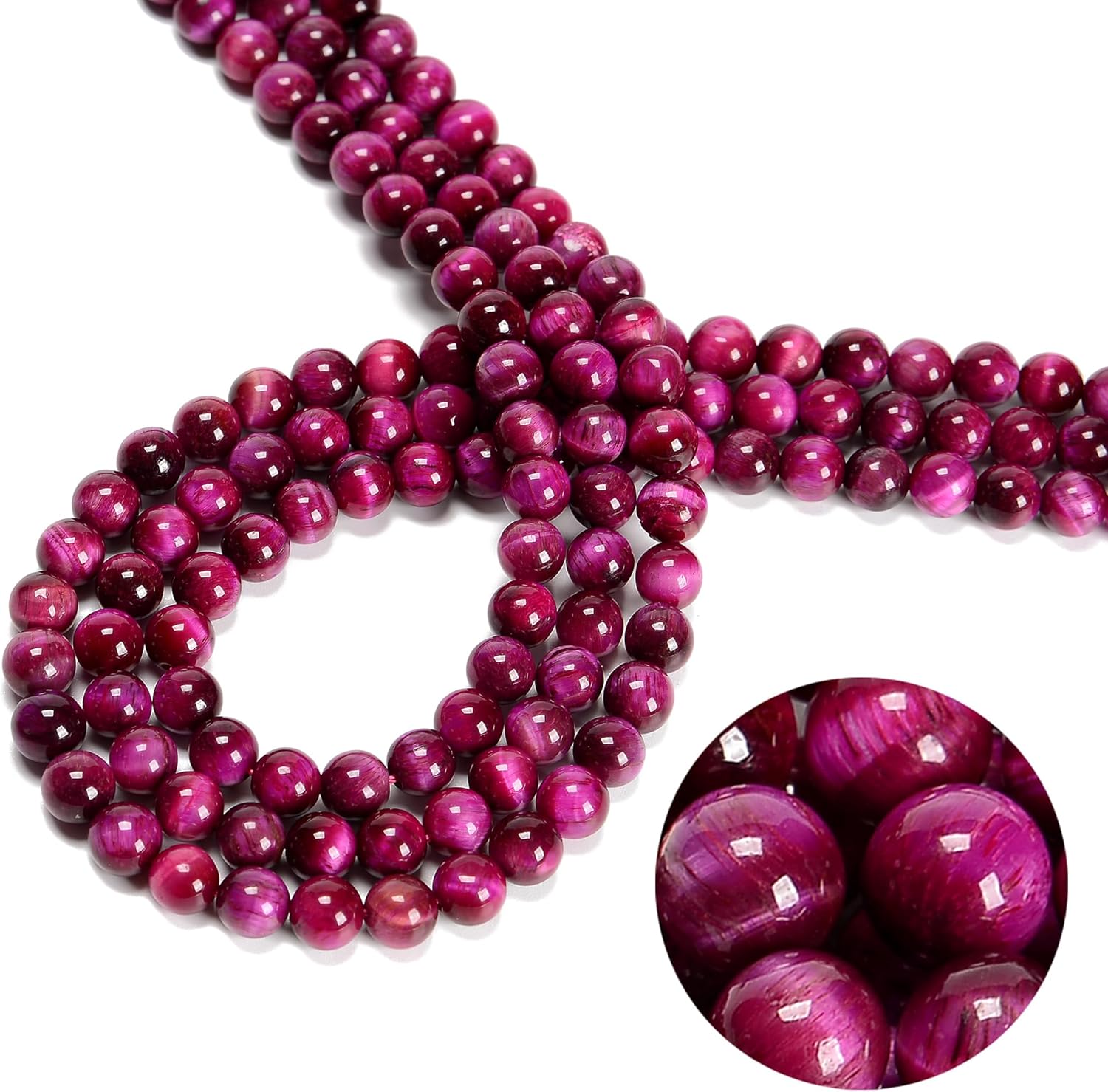74Pcs(2 Strand/Set) 10mm Magenta Tiger's Eye Natural Stone Beads Round Gemstone Genuine Real Stone Loose for DIY Bracelet Jewelry String Making