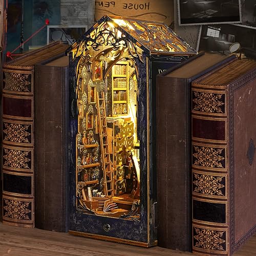 Miniatura 4 de Quanquer Kit de rincón de libros, rompecabezas en miniatura de madera 3D con luz LED, kits de manualidades para adultos, ideal para estantería,