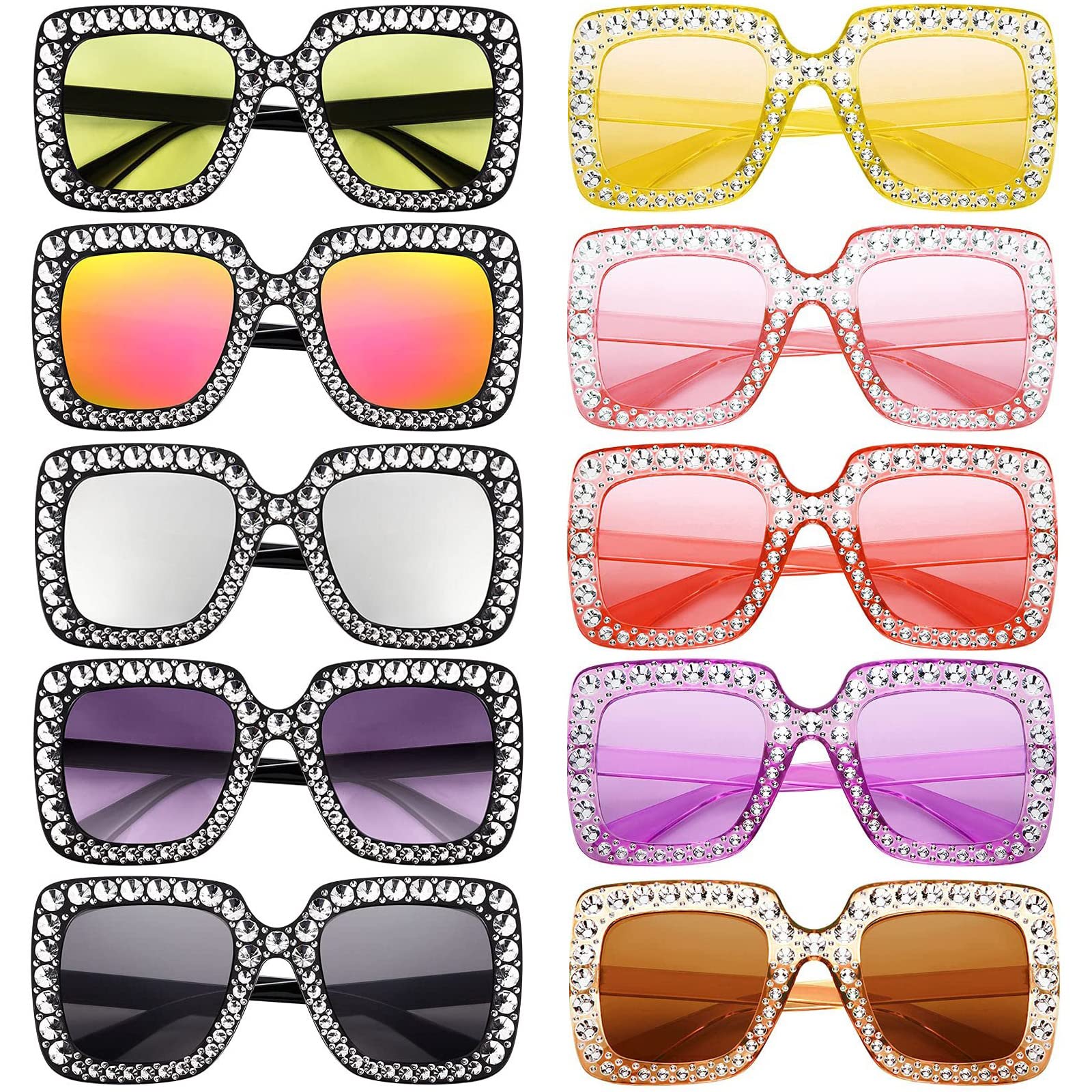 Paquete de 10 lentes de sol cuadrados de gran tamaño con purpurina de diamante, retro, marco grueso, lentes de sol brillantes, recuerdos de fiesta