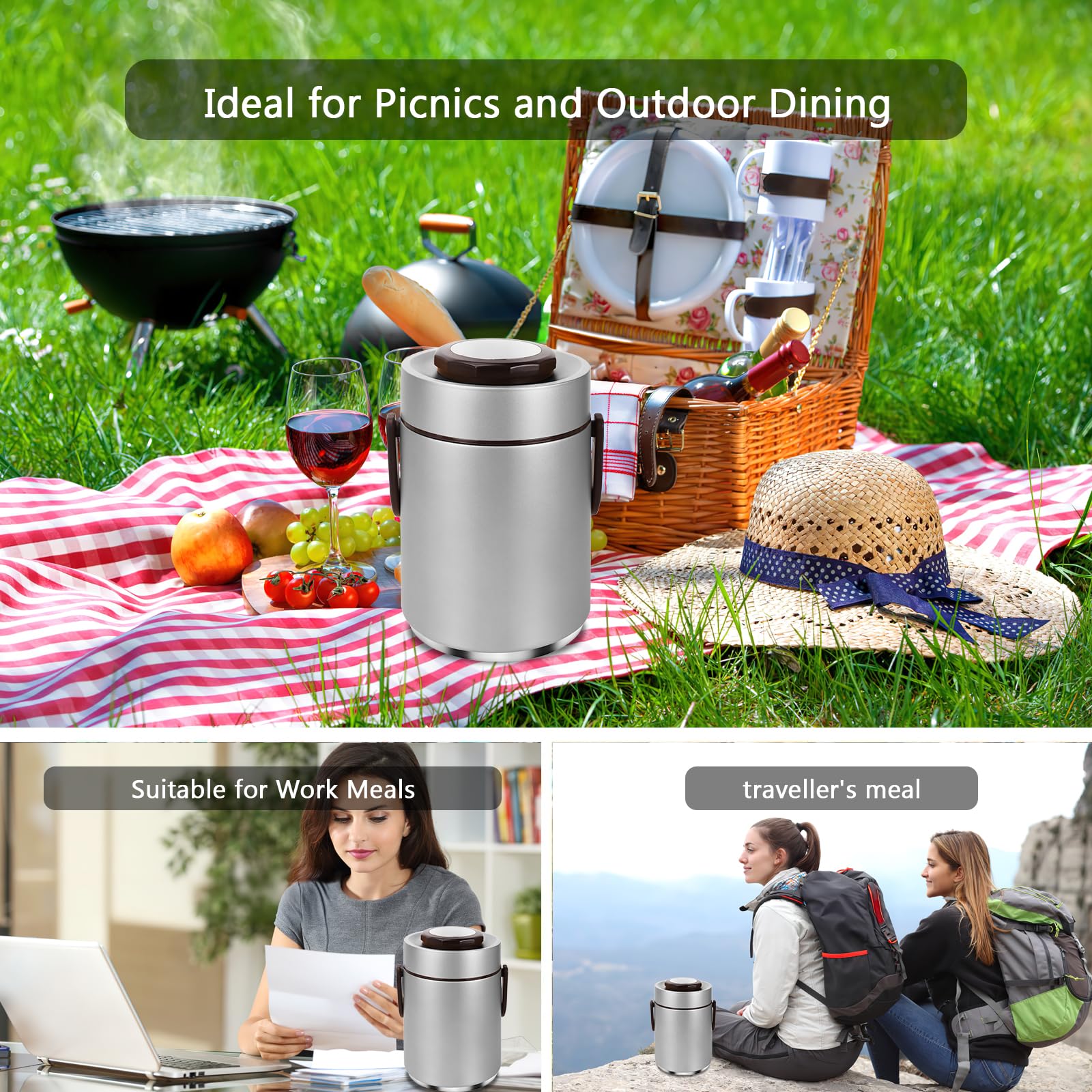 Thermobehälter Essen 2L/67oz Edelstahl Warmhaltebehälter 3-lagige Isolierbehälter für Speisen, Auslaufsicherer Speisewärmer mit Tragetasche für Erwachsene & Unterwegs, Silber