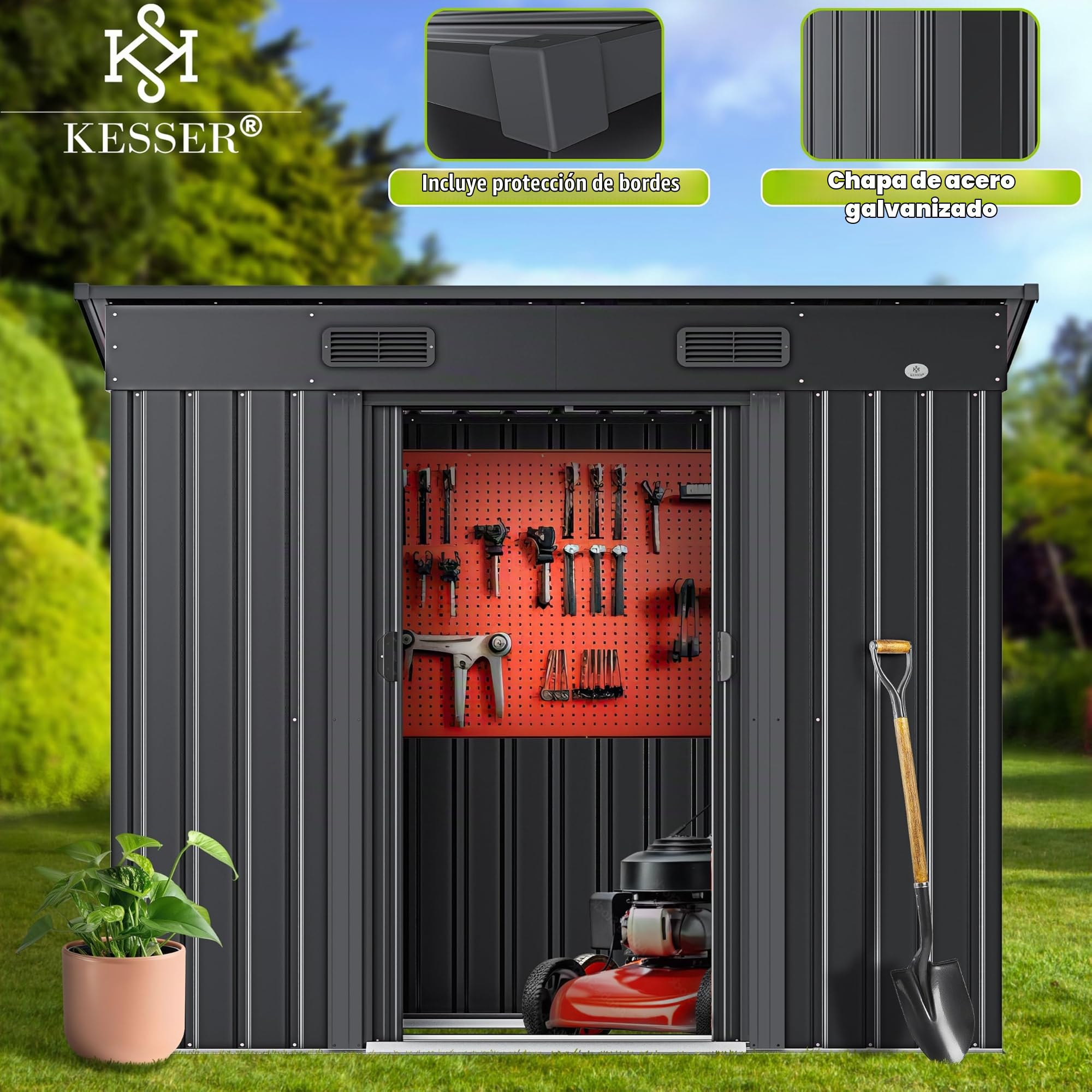 KESSER® - Cobertizo de metal L de 4 m³ con base | 194 x 112 x 181 cm | 2 puertas correderas y cimientos | cobertizo para equipos | armario de cobertizo de jardín | cobertizo de jardín con techo