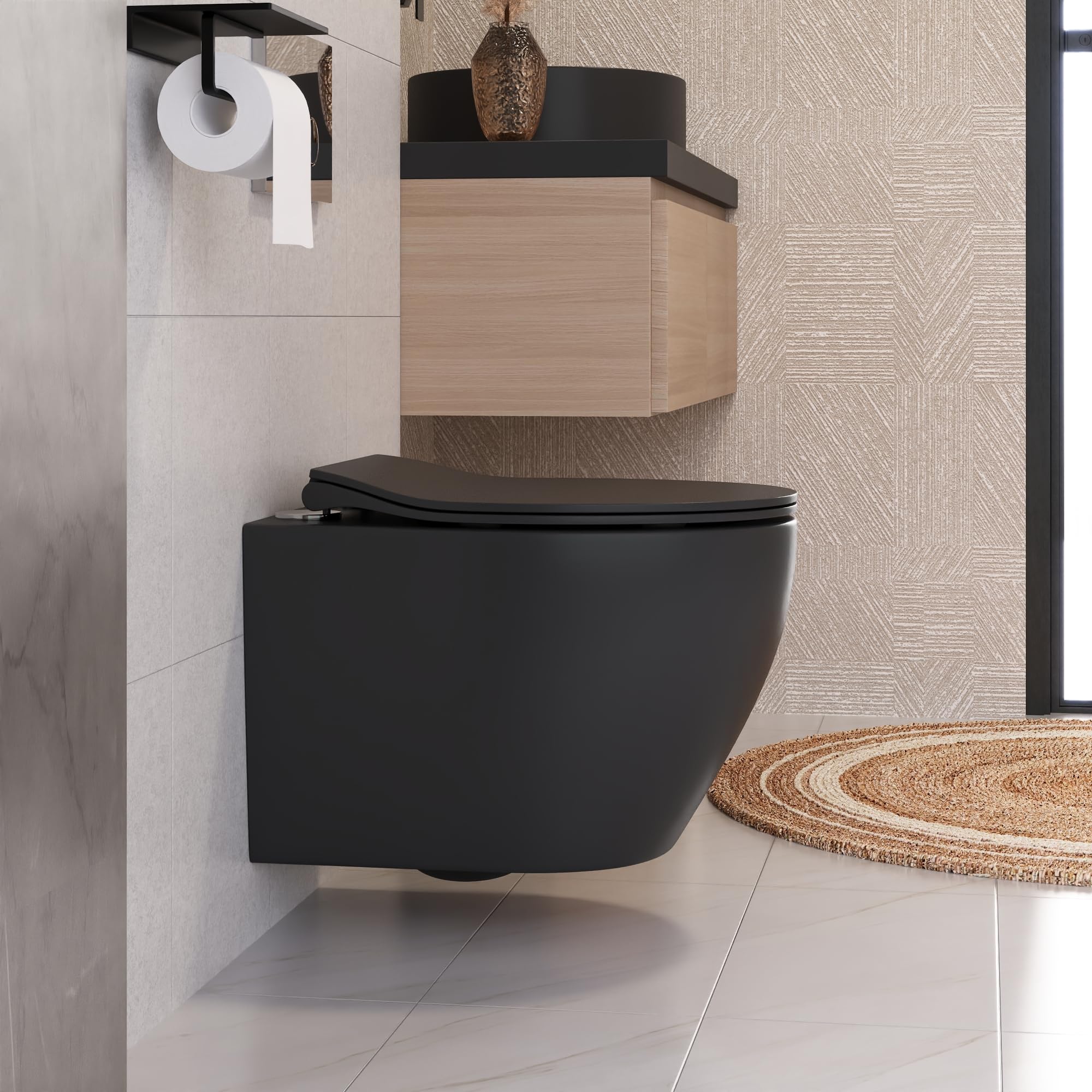 Set de inodoro de pared negro, sin bordes, con dispositivo de descenso automático, asiento silencioso, cerámica lisa, 51,5 cm en forma de D para baño de invitados