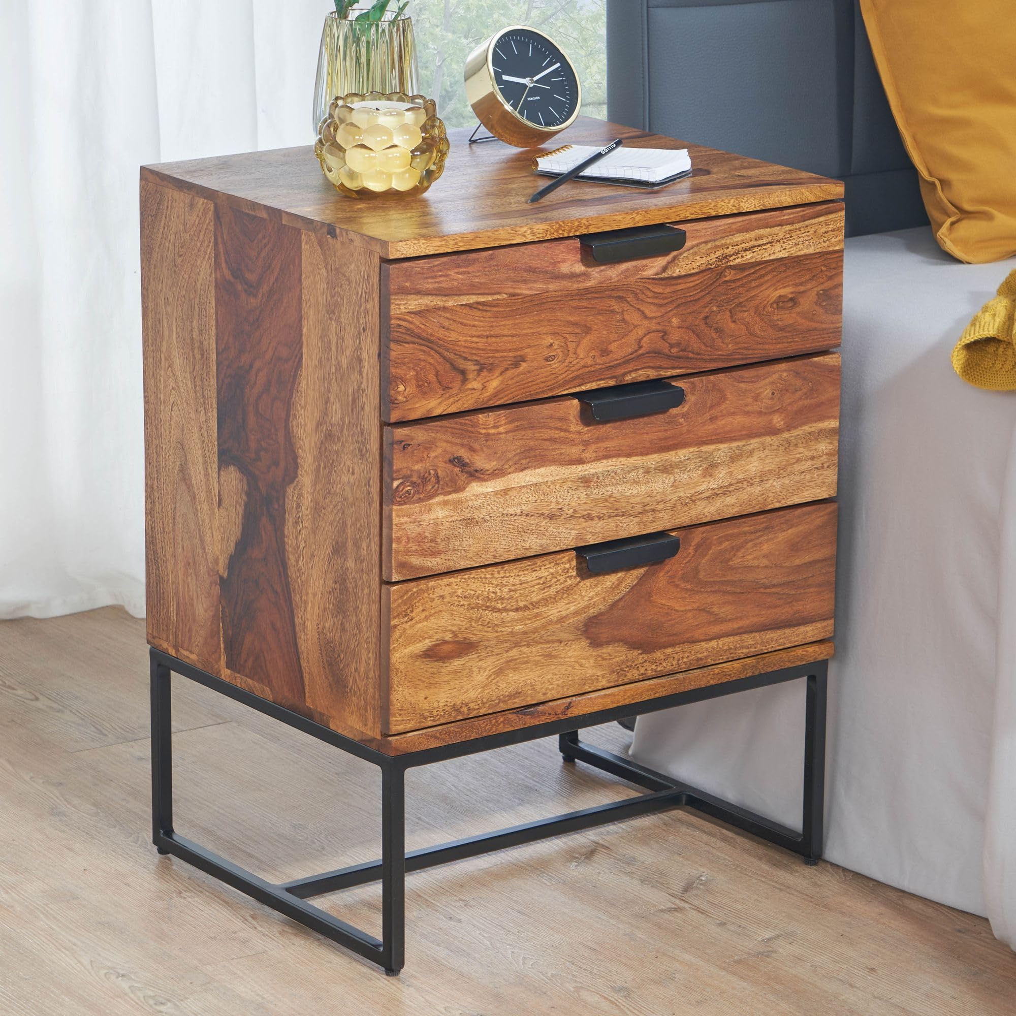 FineBuy Mesita de Noche 50x40x65 cm Madera Maciza de Sheesham y Metal | Mesilla Mesa de Noche con 3 cajones | Consola de Noche con Espacio de Almacenamiento