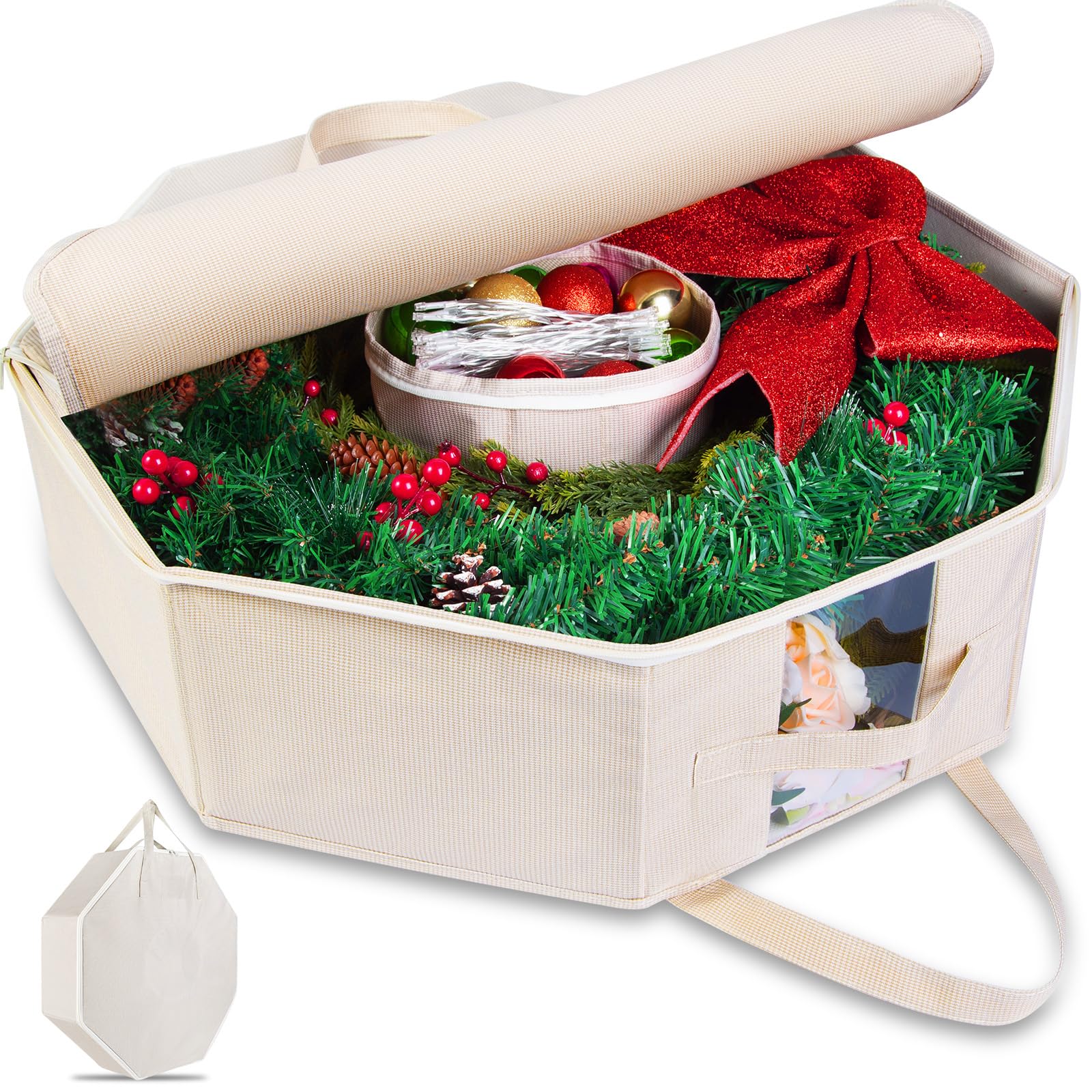 BrilliantJo Wreath Storage Christmas Garlands Bag with Interior Pockets duty 600D Oxford Fabric 24 Inch Xmas Container Box for holiday Decorations Case Zipper Handles Labeling Card Slot Houndstooth — image 1