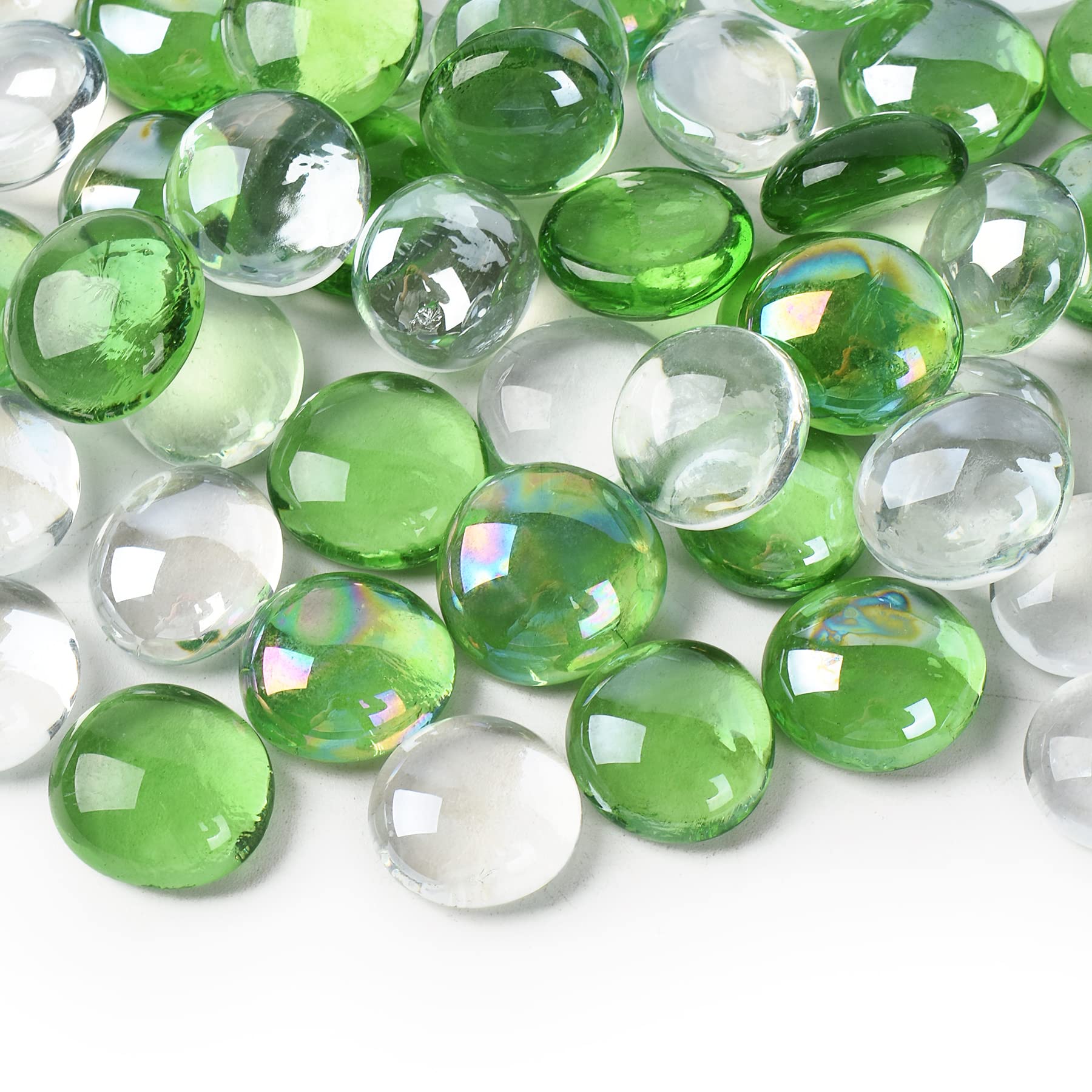 HUIANER Round Clear Glass Pebbles 450g, Mixed Color Green Flat Stone Marbles Table Scatter Gems for Vase Filler Aquarium Decor Garden Decoration (100 Approx.)