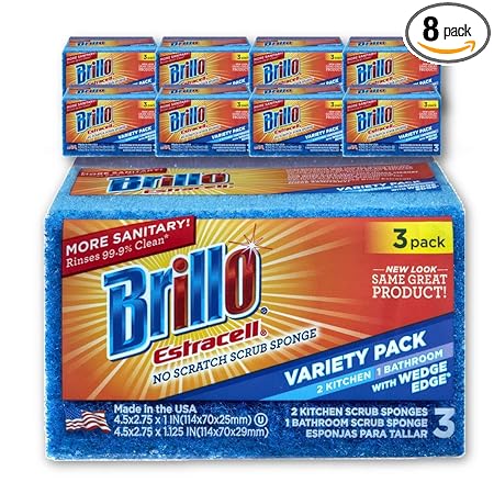 Brillo Estracell Sponges, Premium Long Lasting, Kitchen & Bathroom with Wedge Edge Variety Pack (Variety, 3 Count (Pack of 8))