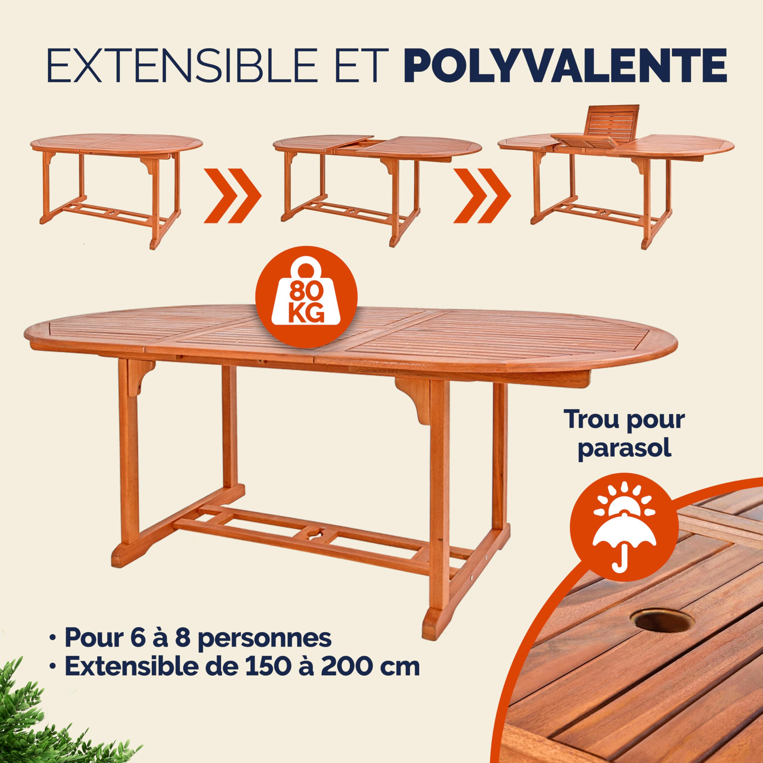 Casaria® Table De Jardin Extensible Type Papillon 150-200 cm - Table De Jardin Exterieur - Salon de Jardin Bois - Eucalyptus FSC® - 200 x 100 x 74 cm - pour 6 à 8 Personnes - Salon de Balcon