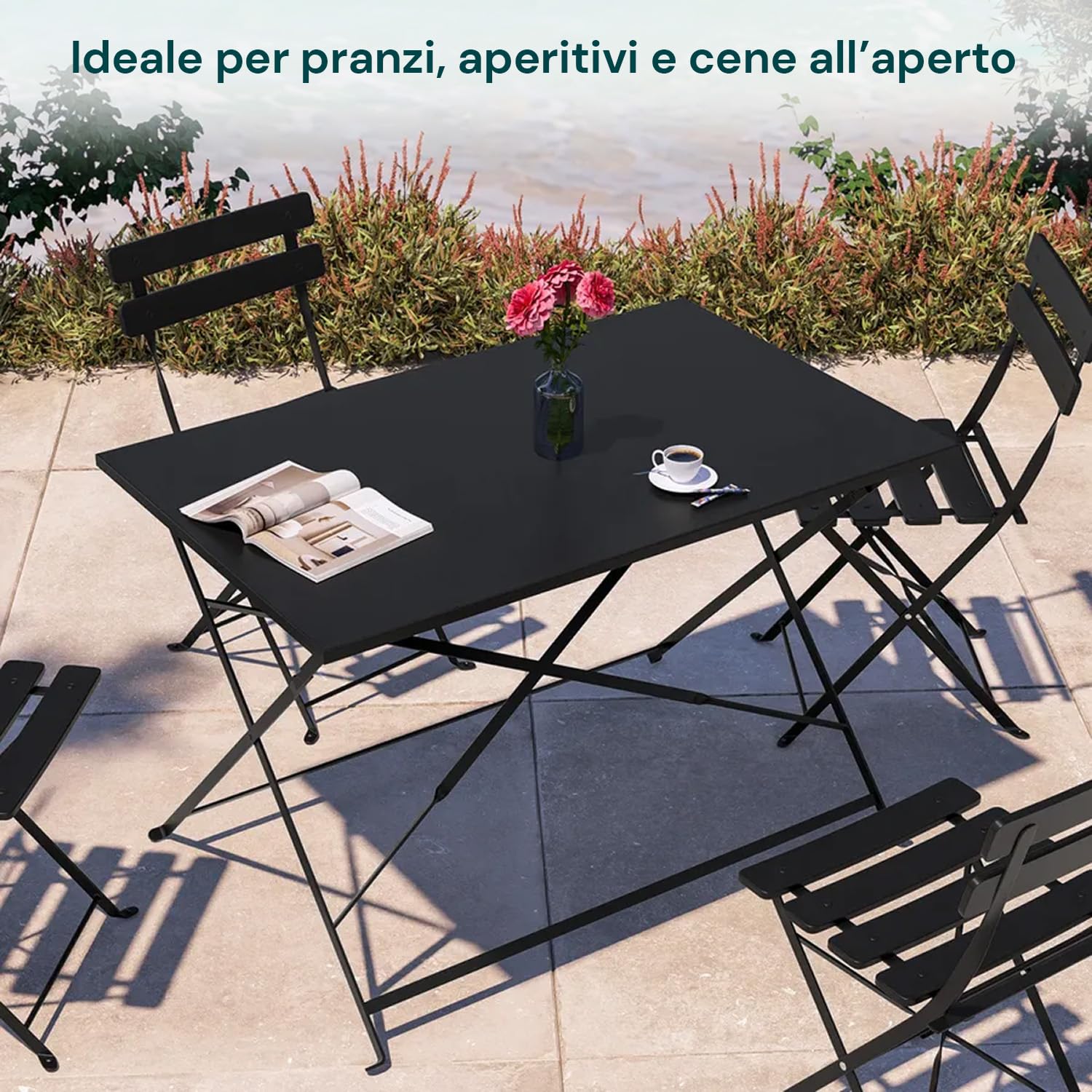 Avilia Salotto da Giardino Esterno Koby Double – Set Tavolo e Sedie da Esterno Pieghevoli in Metallo Antracite, 4 Sedie Ergonomiche e Tavolo Multifunzionale, Design Compatto e Resistente