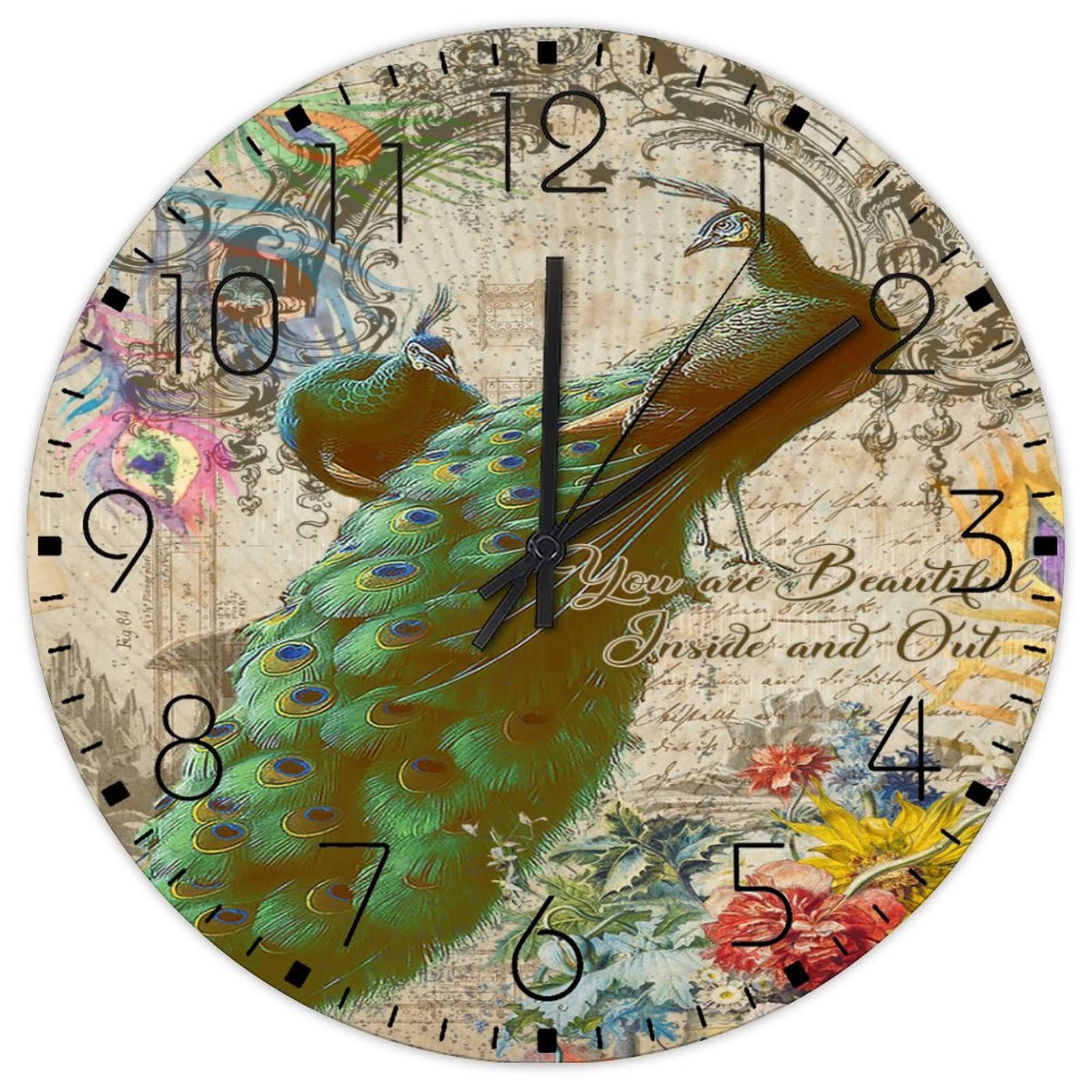 Horloge murale silencieuse en bois de 38 cm style paon pour salle d'étude