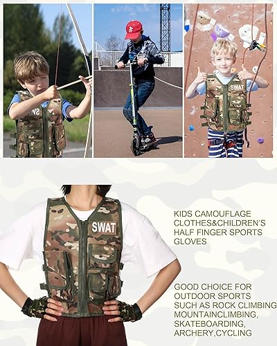 Miniatura 6 de SATINIOR Chaleco táctico para niños, chaleco de combate del ejército al aire libre con medio dedo, guantes cortos transpirables