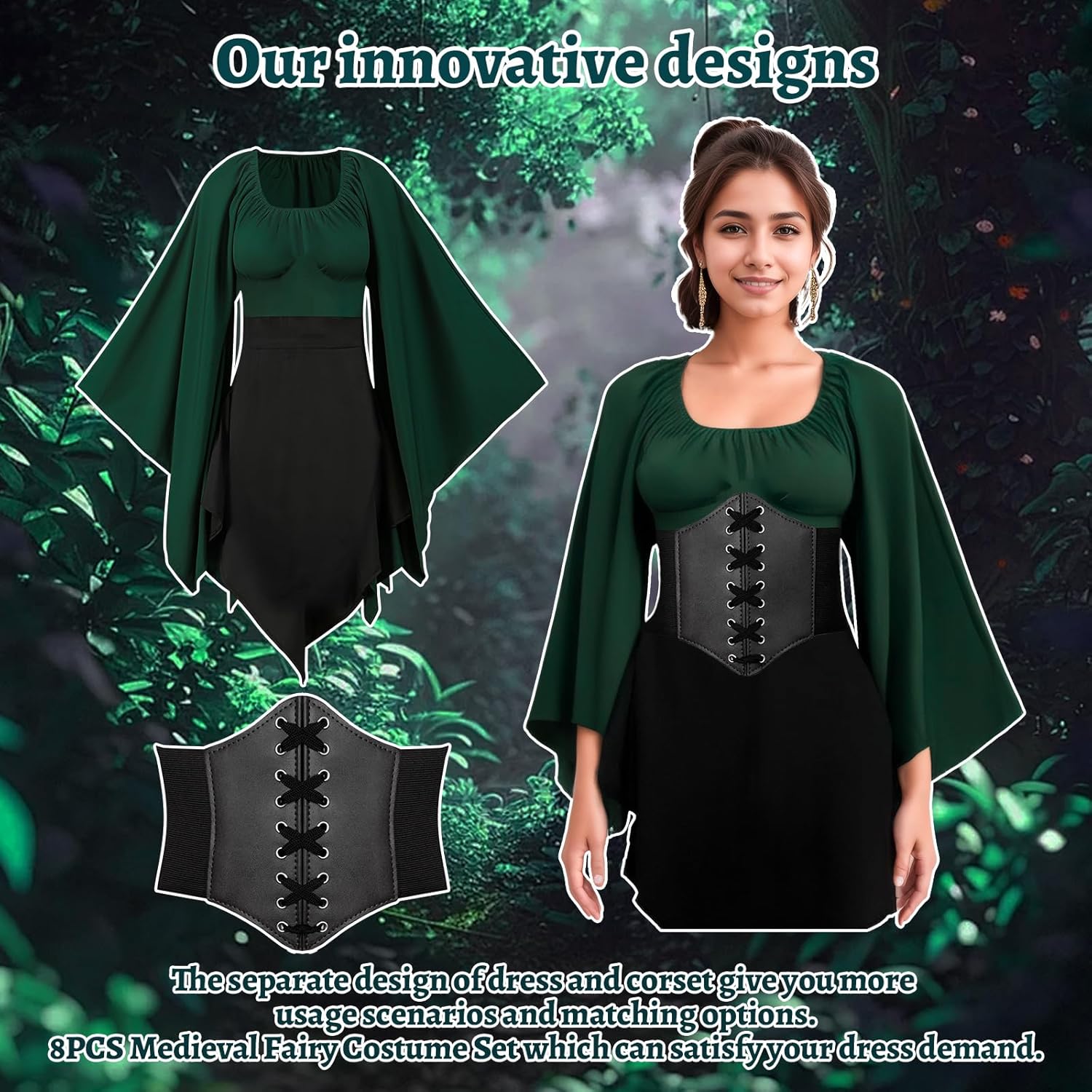 8PCS Women Elf Costume Renaissance Traditional Irish Dress Fairy Costume Halloween Medieval Dress - Image 4